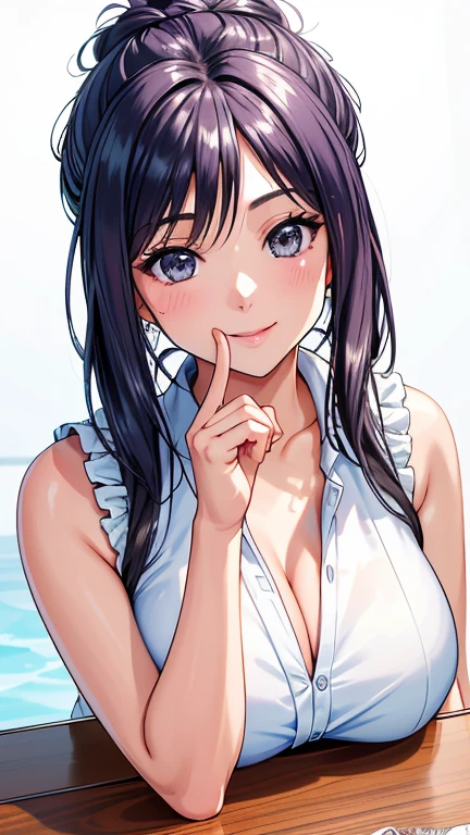 score_9, score_8_up, score_7_up, score_6_up, score_5_up, score_4_up, yu hee, blue eyes, black hair, short hair, large breasts, naked ,wet apron, oversized tassel earrings,big earrings , biting lips