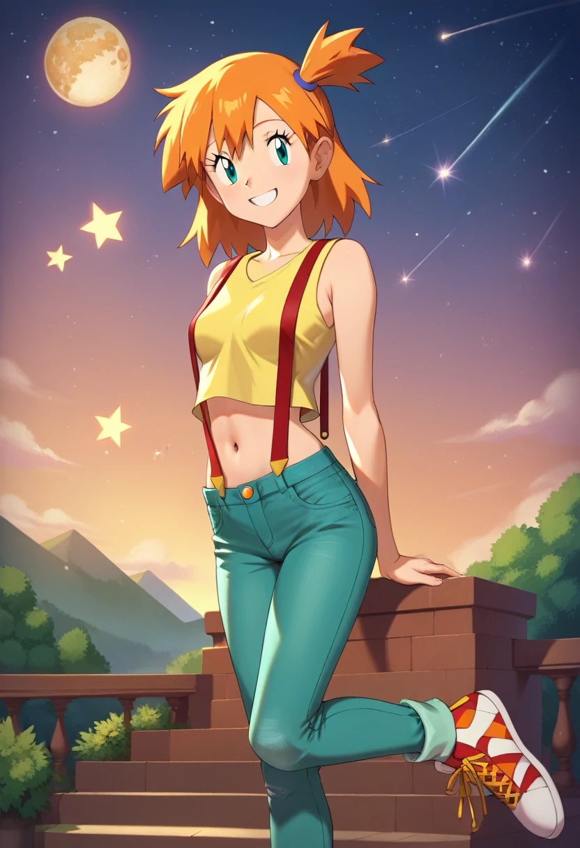 (master piece), (best quality), (8k), (ultra high resolution), (highest quality), (anime style), (best writing), (beautiful face), (masterpiece), (highest quality), (detailed beautiful face and eyes), (textile shading), (total body), 1girl, 1solo, misty \(pokemon\) (Berry Short, Orange Hair, one side up hair, Big aqua eyes, Small breasts, Skinny)
(yellow sleeveless T-shirt,Belly button exposed,Denim pants,Red suspenders,sneakers), readiant smile, in the light of the moon kissing , star , beautiful girl, magic moment, beautiful night, shooting star, smile