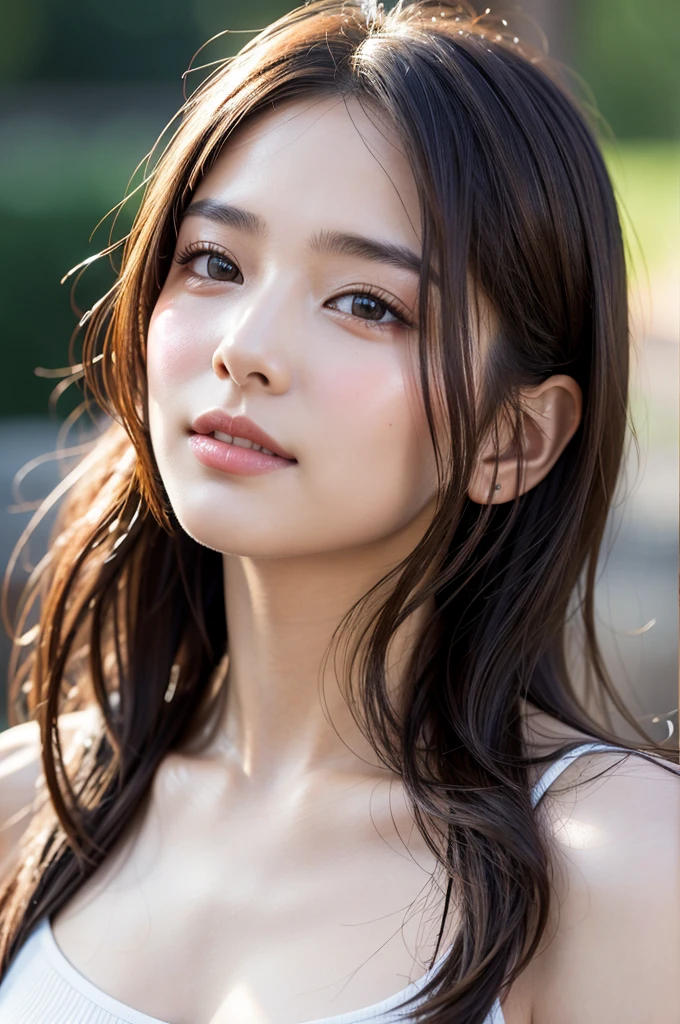 High quality photo taken by 、18-year-old girl、Independent、look forward to、Light eye makeup、Brown Hair Color、flat 、 hair fluttering in the wind、Quality of actress、Shiny, Ultra-realistic faces、smileの表情、Teary-eyed、 look up with the naked eye 、Pleasant lighting effects、  Ultra Realistic Capture、 very detailed 、 high resolution 16k human skin close-up。 skin texture must be natural 、It should be detailed enough to see the pores、The skin is healthy、There must be a unified tone、Use natural light and color、 model agency&#39;Exclusive photographer、smile