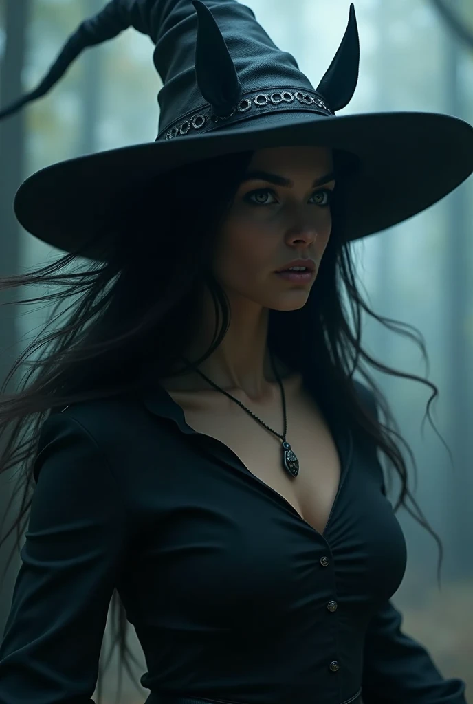 (best quality,highres:1.2), close-up portrait of beautiful witch, detailed eyes, striking lips, flowing long hair, mysterious expression, enchanting gaze, dark and magical atmosphere, perfect complexion, flawless skin, witch hat, black velvet dress, glowing crystal necklace, swirling smoke background, dramatic lighting, vibrant colors, fantasy art style