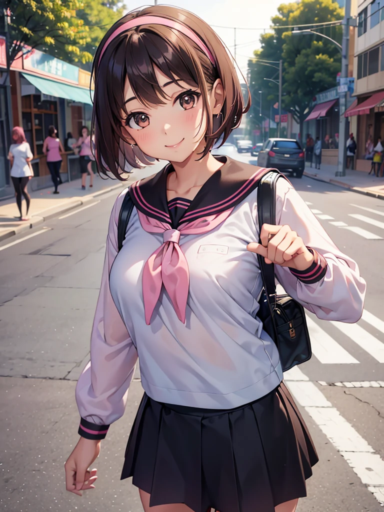  Kampala,cute, Brown Eyes ,Brown Hair,20-year-old woman,solo,Five beautiful fingers,Sailor suit, black mini skirt,Pink hair band,smile,B Cup, short hair,Looking at the camera,Blurred Background,morning,bustling street,