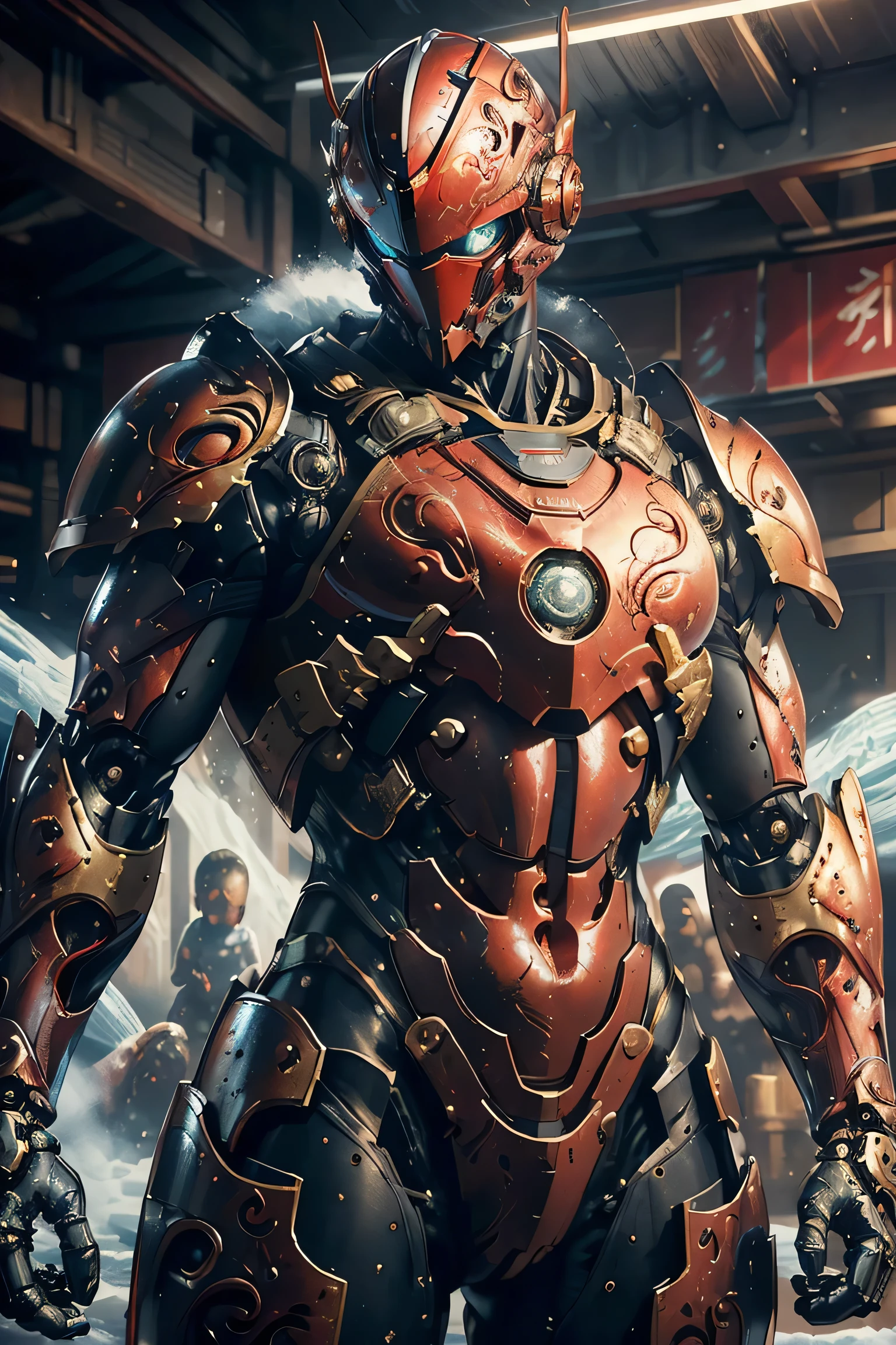 ((heavy duty iron plate armor)), (metallic: 1.5, red suit: 1.5, Machine parts are visible under the suit), (Japanese hero, whole body), (mech bodysuit with swords: 1.5), ((Swirling Cold Air : 1.5)), cyberpunk city, My eyes are shining brightly, Suit parts are large , Lots of LEDs, ( helmet with sharp antennas), Unreal Engine 5, High image quality,  best quality ,  Kampala, Super detailed, Fine painting,  extremely delicate , professional,  anatomically accurate , creativity, RAW Photos, 超 Kampala, 32K, Natural Light, Cinema Lighting, masterpiece-anatomy-perfect, masterpiece:1.5, ( portrait), (action pose), ((was a mecha))