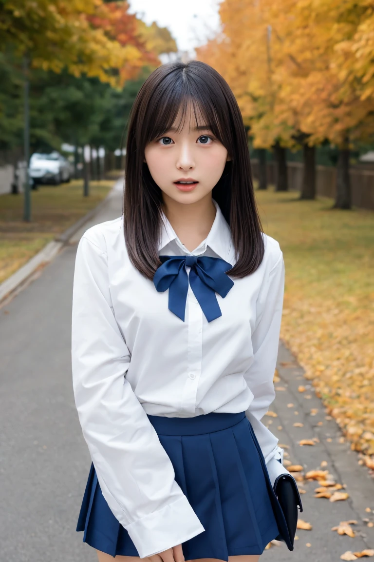  best quality , super high resolution , Japanese,High school girl,1 person,whole body, Black Hair ,A serious expression, opens her mouth,,  look at the camera,Beautiful Skin,,Long sleeve white shirt, ribbon,Small breasts,navy skirt, white panties , school bag,Bare legs,shoes,after school,autumn