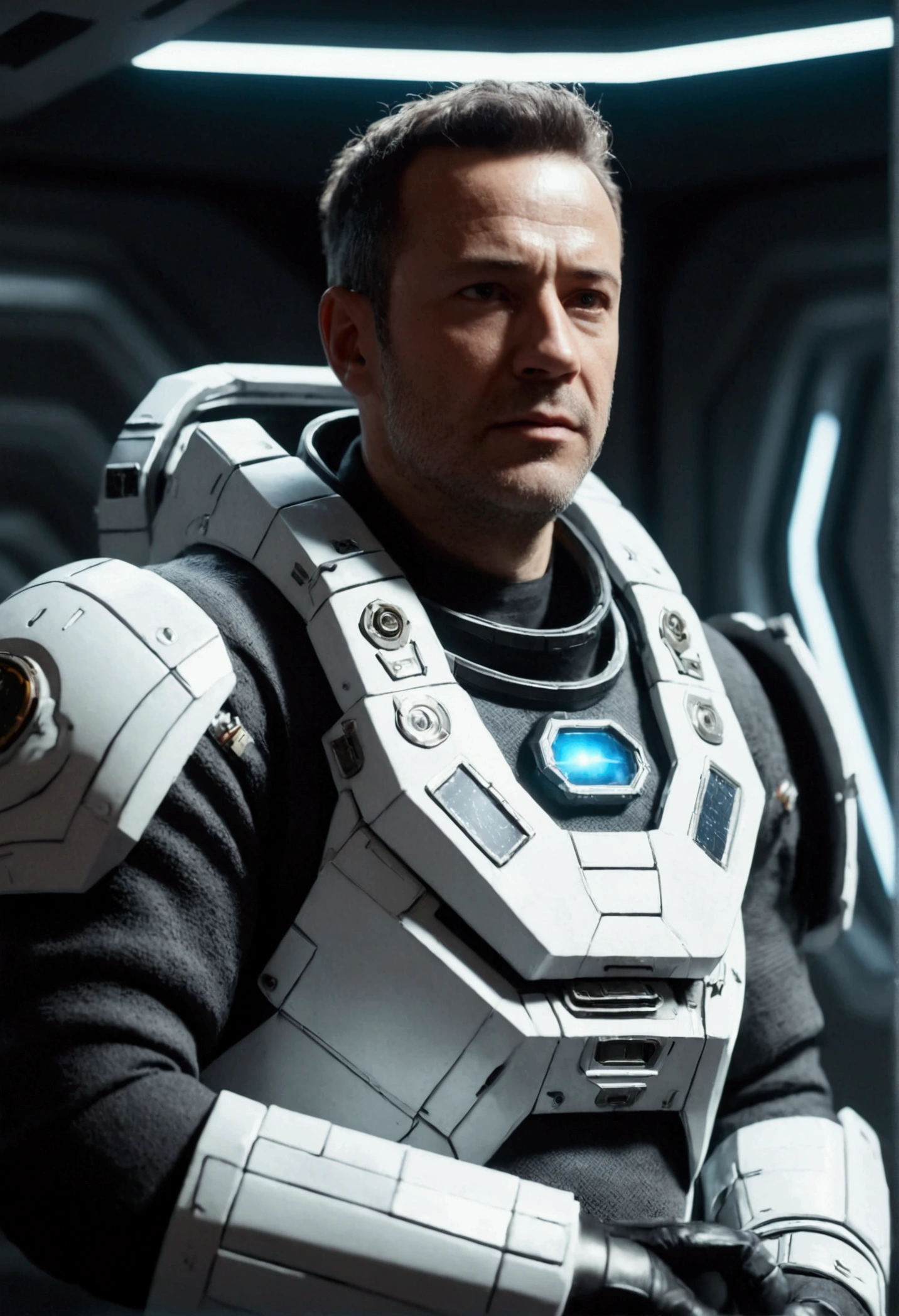 close up of man wearing engineeringsuit standing in a space station, shiny armor, realistic metarials, dramatic lighting, wallpaper, intricate, sharp focus, ray tracing, rtx, professionally color graded, professional photography, masterpiece, ultra detailed, high quality, best quality, 4k, 8k, raw