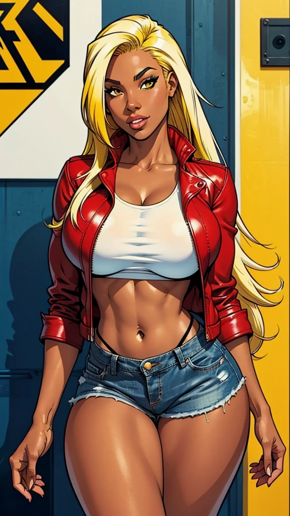 Brazilian ebony girl. She wears a denim short, white top, red leather jacket.Long straight yellow hair. busty. Most beautiful woman in the world. Comic style. Dark skin