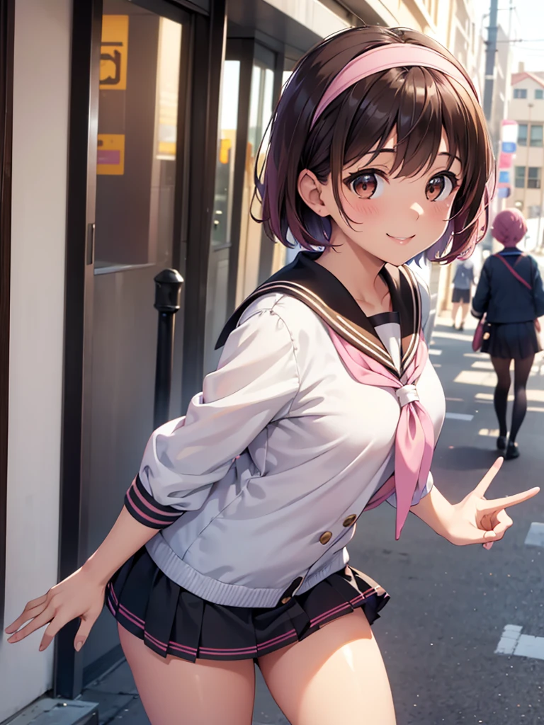  Kampala,cute, Brown Eyes ,Brown Hair,20-year-old woman,solo,Five beautiful fingers,Sailor suit, black mini skirt,Pink hair band,smile,B Cup, short hair,Looking at the camera,Blurred Background,morning,bustling street,