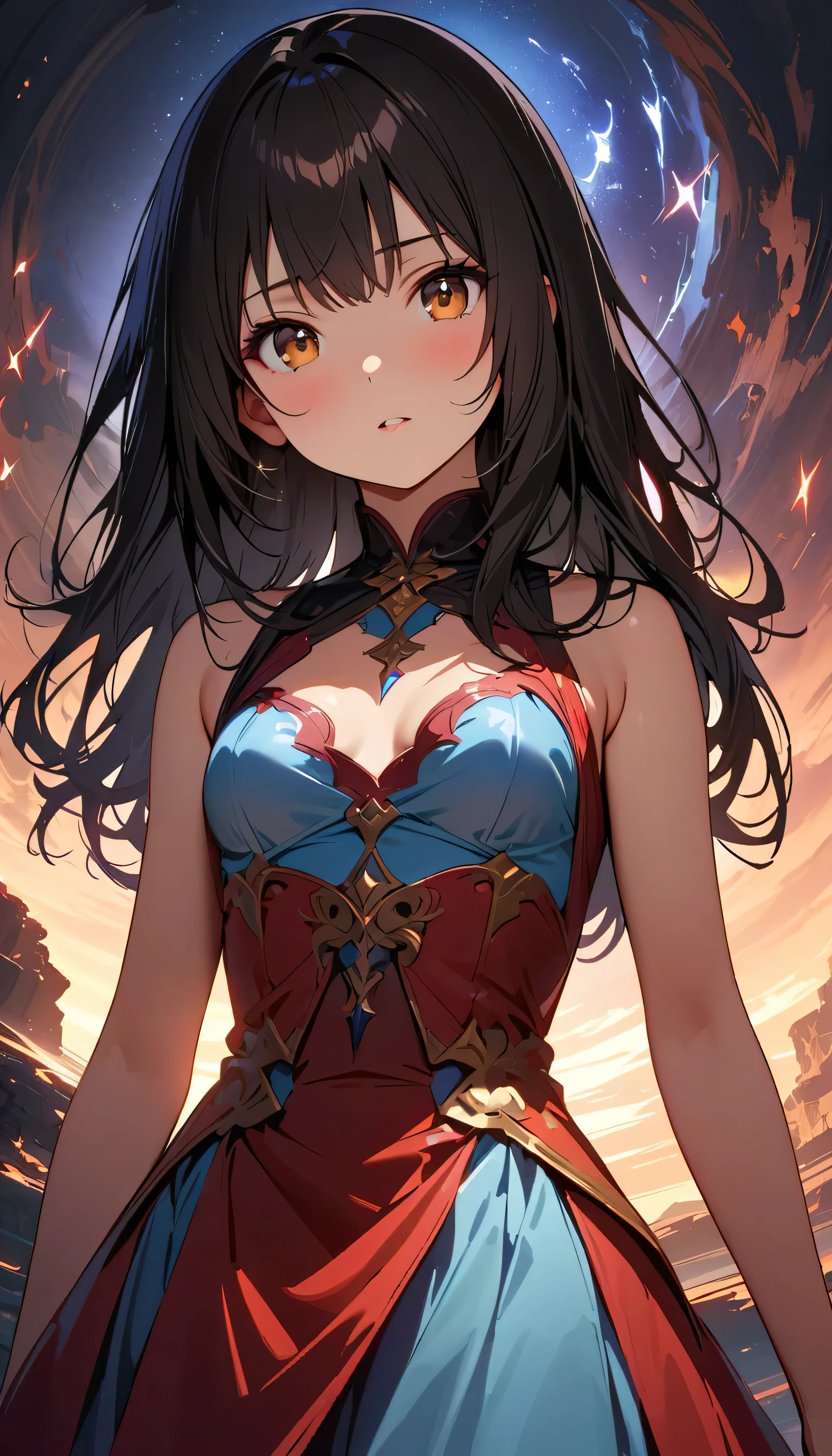 (Best Quality:1.2, Very detailed, up to date, Vibrant, masterpiece:1.2, Best Quality, Best aesthetics), ((Front close-up shot:1.4)), 8K Ultra HD, Background Blur, One Woman, 8k, Very detailed, Beautiful Goddess, Backlight,  Brown Eyes , (Best Shadow), Absurd, (abyss), Beautiful sparkle, Mystical place,  Fantasy , Another world, In the Dark, Reflection of light, Dynamic Angle, dress, Black Hair, Very young, Small breasts