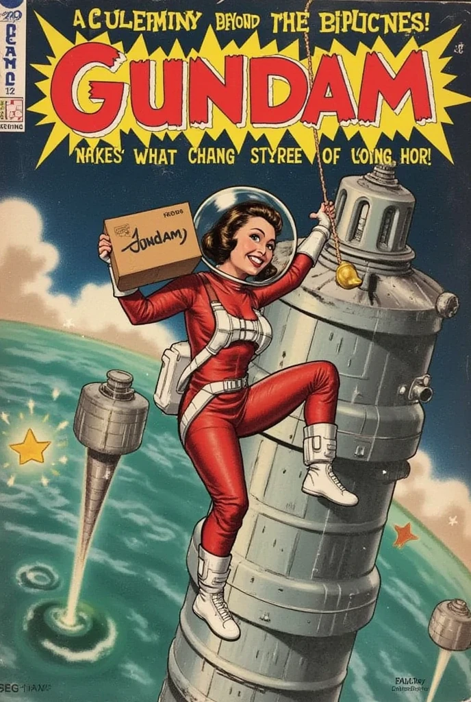 Vintage comic book cover featuring a daring young female cosmonaut in a meticulously detailed red and white spacesuit, caught in a moment of playful insouciance as she dangles from a colossal, intricately designed space station. Her expression is a captivating mix of mischief and contentment as she clutches a cardboard box emblazoned with the bold letters 'GUNDAM,' hinting at an exciting adventure.

The background presents a majestic view of Earth below, with vibrant cerulean oceans and swirling alabaster clouds, enhancing the sense of height and the danger of her position.

The cover features a dynamic layout typical of 1940s comics, with the title 'COSMIC CAPERS!' prominently arched across the top in bold, retro lettering. Subtitles like 'A Journey Beyond the Stars!' and 'Danger and Delight Await!' are positioned beneath the main title in smaller fonts.

In the top left corner, a bold '10¢' price tag and the issue number 'No. 12' provide a nostalgic touch. The bottom right corner includes a burst graphic reading 'Exciting Space Adventures!' to attract attention.

Classic comic book elements like a starburst pattern framing the title, a few floating speech bubbles near the cosmonaut with playful remarks, and a faint texture to mimic the aged paper of the era give the cover an authentic vintage feel.

The overall color palette is bright yet slightly faded, emulating the look of comics from the 1940s, with exaggerated shadows and highlights to create depth and drama.