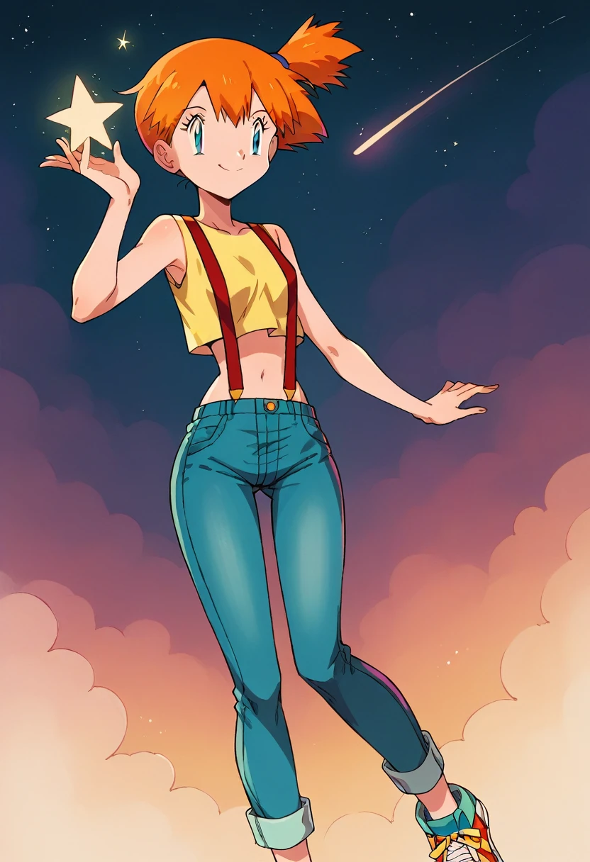  (total body), 1girl, 1solo, misty \(pokemon\) (Berry Short, Orange Hair, one side up hair, Big aqua eyes, Small breasts, Skinny) (yellow sleeveless T-shirt,Belly button exposed,Denim pants,Red suspenders,sneakers), readiant smile, star , beautiful girl, magic moment, beautiful night, shooting star, smile, fashion, colorful background, beautiful Misty 