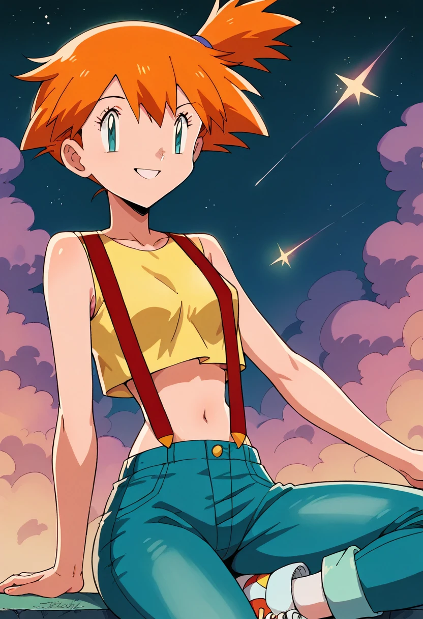  (total body), 1girl, 1solo, misty \(pokemon\) (Berry Short, Orange Hair, one side up hair, Big aqua eyes, Small breasts, Skinny) (yellow sleeveless T-shirt,Belly button exposed,Denim pants,Red suspenders,sneakers), readiant smile, star , beautiful girl, magic moment, beautiful night, shooting star, smile, fashion, colorful background, beautiful Misty 