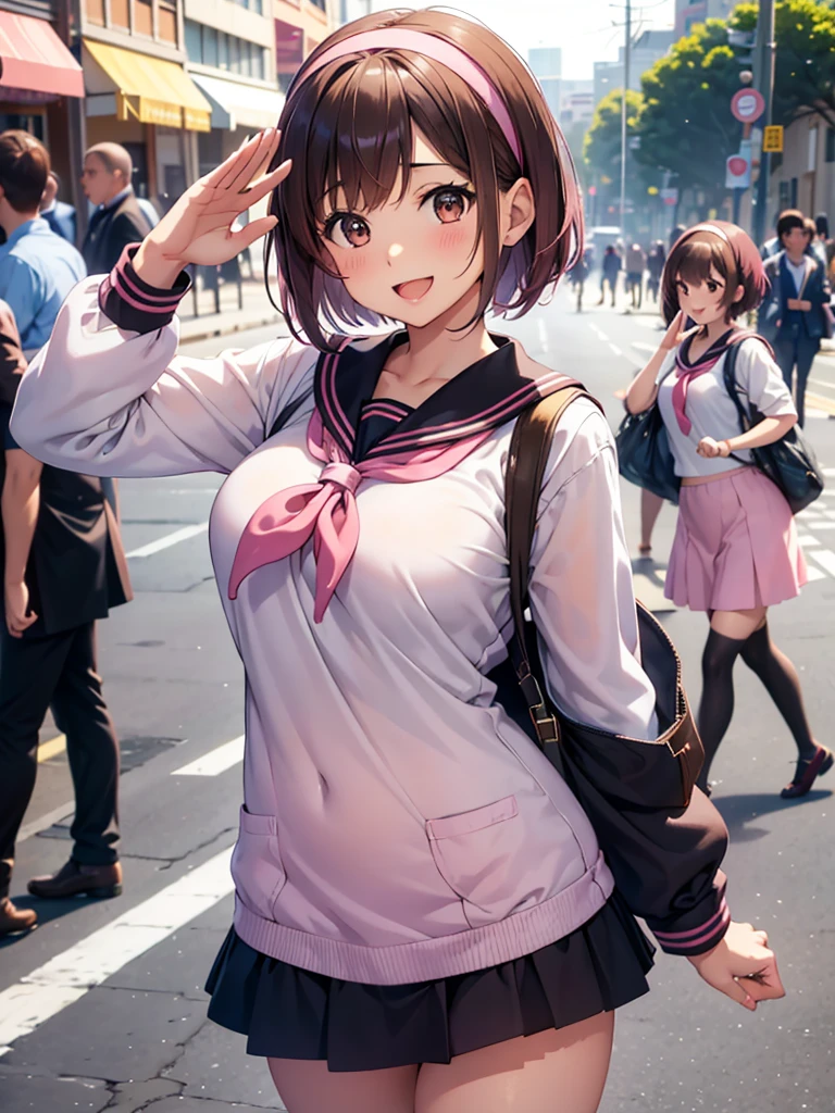  Kampala,cute, Brown Eyes ,Brown Hair,20-year-old woman,solo,Five beautiful fingers,Sailor suit, black mini skirt,Pink hair band,Open mouth smiling,B Cup, short hair,Looking at the camera,Blurred Background,morning,bustling street,salute,