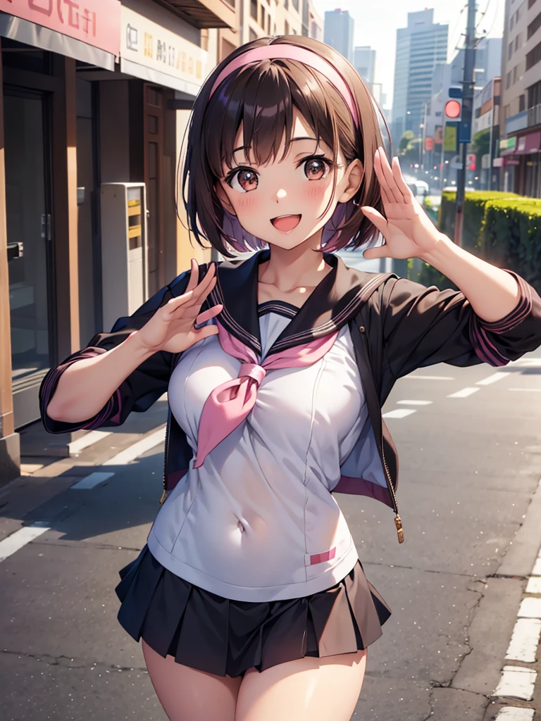  Kampala,cute, Brown Eyes ,Brown Hair,20-year-old woman,solo,Five beautiful fingers,Sailor suit, black mini skirt,Pink hair band,Open mouth smiling,B Cup, short hair,Looking at the camera,Blurred Background,morning,bustling street,salute,