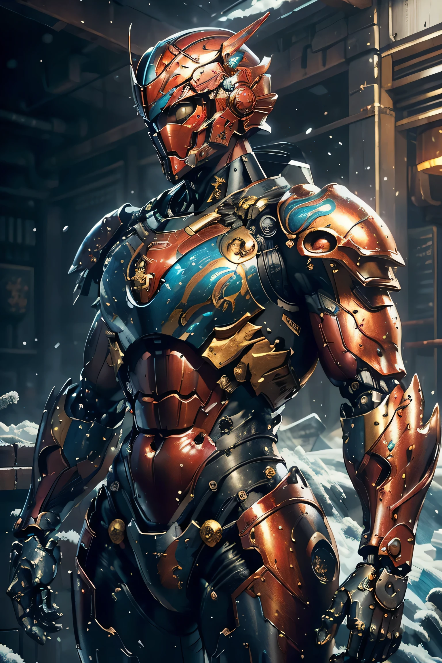 ((heavy duty iron plate armor)), (metallic: 1.5, red suit: 1.5, Machine parts are visible under the suit), (Japanese hero, whole body), (mech bodysuit with swords: 1.5), ((Swirling Cold Air : 1.5)), cyberpunk city, My eyes are shining brightly, Suit parts are large , Lots of LEDs, ( helmet with sharp antennas), Unreal Engine 5, High image quality,  best quality ,  Kampala, Super detailed, Fine painting,  extremely delicate , professional,  anatomically accurate , creativity, RAW Photos, 超 Kampala, 32K, Natural Light, Cinema Lighting, masterpiece-anatomy-perfect, masterpiece:1.5, ( portrait), (action pose), ((was a mecha)), (side view),  (close-up of above the chest)