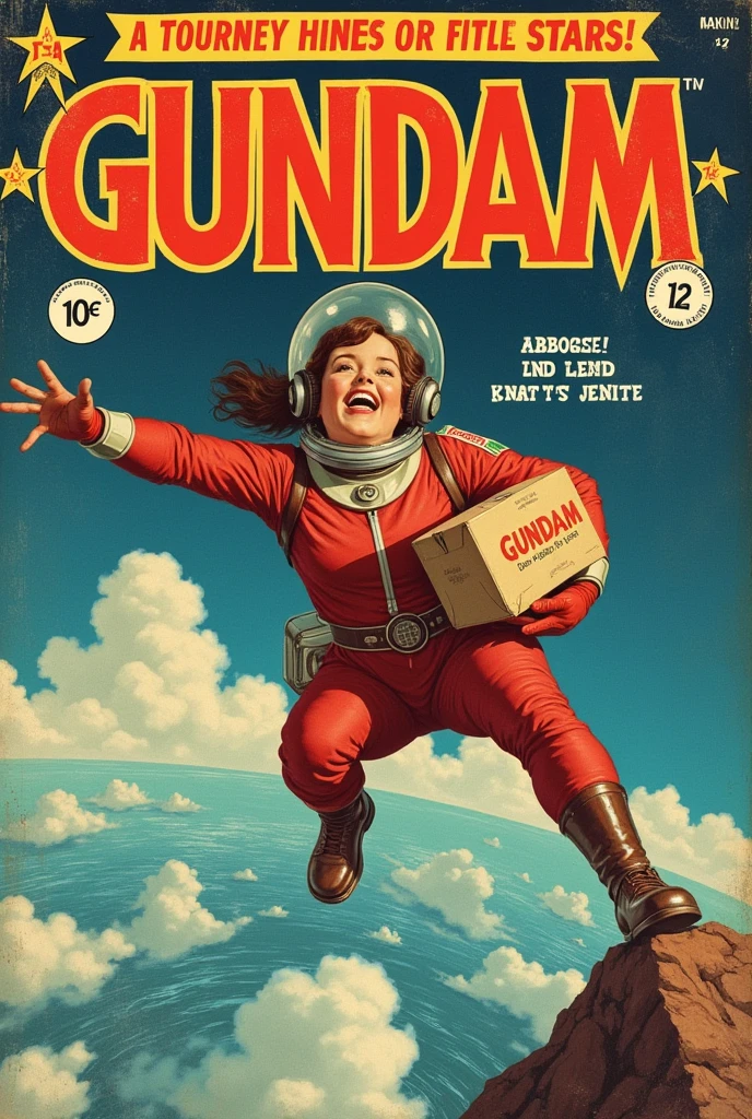 Vintage comic book cover featuring a daring young female cosmonaut in a meticulously detailed red and white spacesuit, caught in a moment of playful insouciance as she dangles from a colossal, intricately designed space station. Her expression is a captivating mix of mischief and contentment as she clutches a cardboard box emblazoned with the bold letters 'GUNDAM,' hinting at an exciting adventure.

The background presents a majestic view of Earth below, with vibrant cerulean oceans and swirling alabaster clouds, enhancing the sense of height and the danger of her position.

The cover features a dynamic layout typical of 1940s comics, with the title 'COSMIC CAPERS!' prominently arched across the top in bold, retro lettering. Subtitles like 'A Journey Beyond the Stars!' and 'Danger and Delight Await!' are positioned beneath the main title in smaller fonts.

In the top left corner, a bold '10¢' price tag and the issue number 'No. 12' provide a nostalgic touch. The bottom right corner includes a burst graphic reading 'Exciting Space Adventures!' to attract attention.

Classic comic book elements like a starburst pattern framing the title, a few floating speech bubbles near the cosmonaut with playful remarks, and a faint texture to mimic the aged paper of the era give the cover an authentic vintage feel.

The overall color palette is bright yet slightly faded, emulating the look of comics from the 1940s, with exaggerated shadows and highlights to create depth and drama.