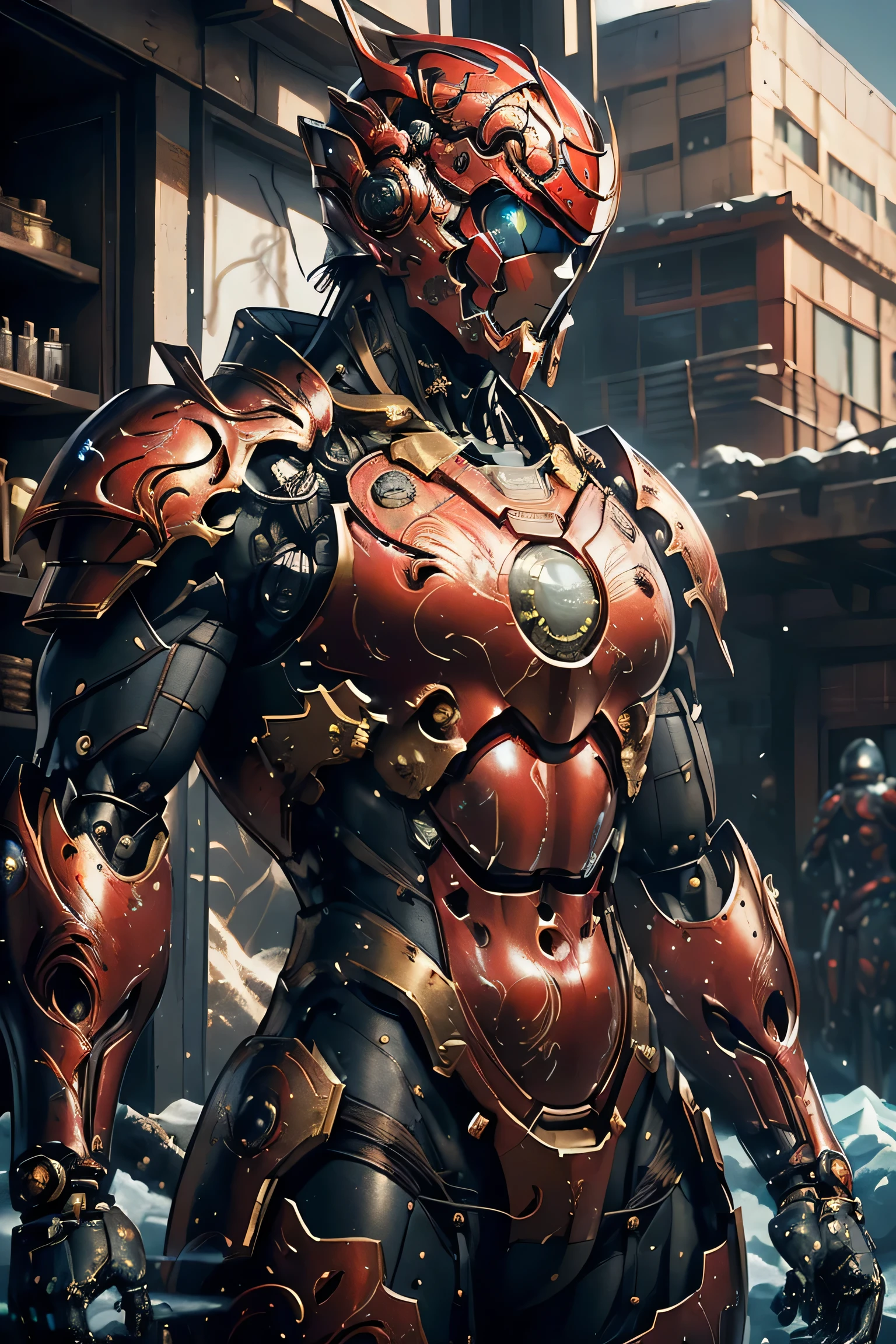 ((heavy duty iron plate armor)), (metallic: 1.5, red suit: 1.5, Machine parts are visible under the suit), (Japanese hero, whole body), (mech bodysuit with swords: 1.5), ((Swirling Cold Air : 1.5)), cyberpunk city, My eyes are shining brightly, Suit parts are large , Lots of LEDs, ( helmet with sharp antennas), Unreal Engine 5, High image quality,  best quality ,  Kampala, Super detailed, Fine painting,  extremely delicate , professional,  anatomically accurate , creativity, RAW Photos, 超 Kampala, 32K, Natural Light, Cinema Lighting, masterpiece-anatomy-perfect, masterpiece:1.5, ( portrait), (action pose), ((was a mecha)), (side view),  (close-up of above the chest)