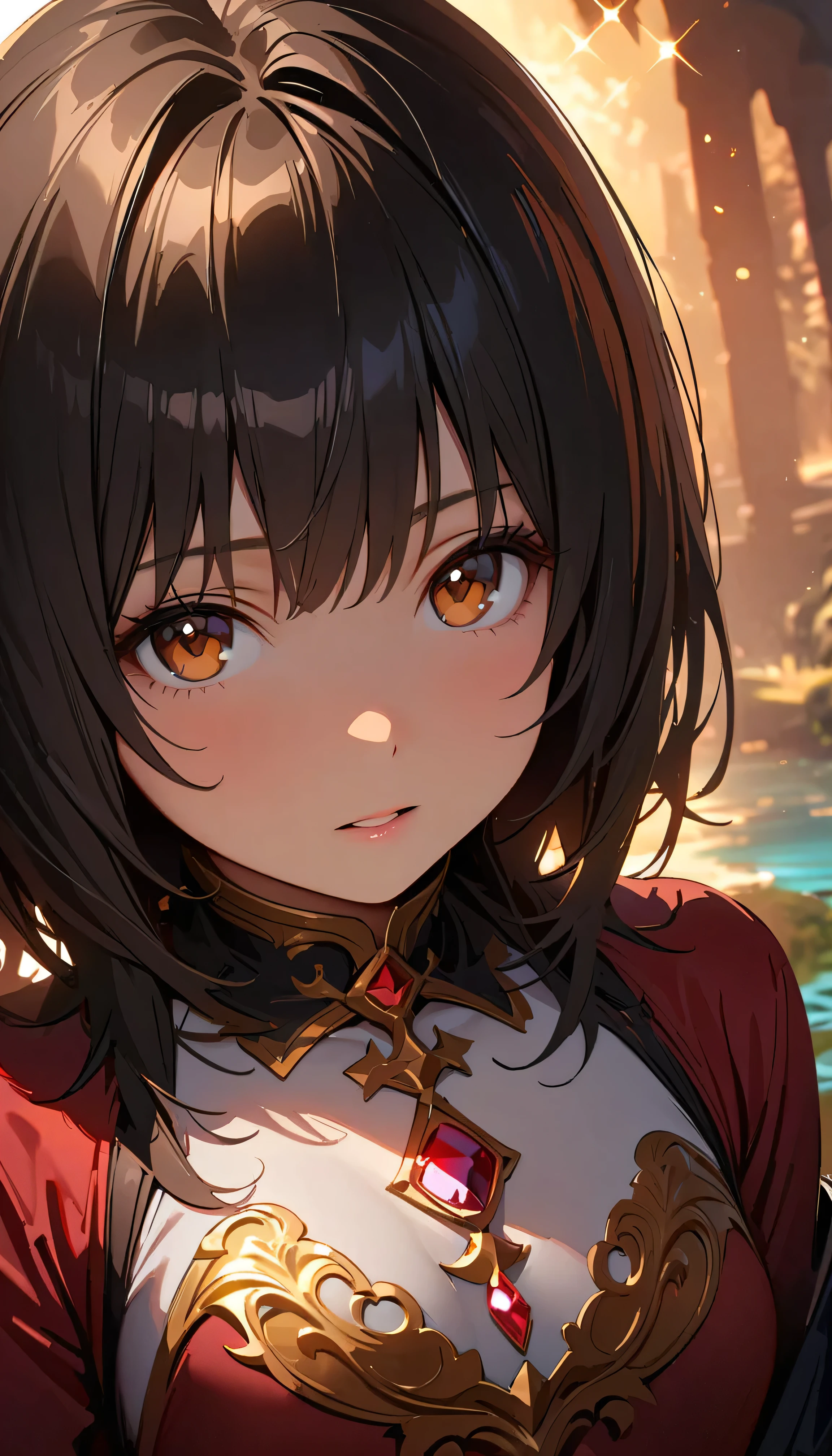 (Best Quality:1.2,  very detailed, up to date, Vibrant, masterpiece:1.2, Best Quality, Best aesthetics), ((Front close-up shot:1.4)), 8K Ultra HD, Background Blur, One Woman, 8k,  very detailed, Beautiful Goddess, Backlight,  Brown Eyes , (Best Shadow), Absurd, (abyss), Beautiful sparkle, Mystical place,  Fantasy , Another world, In the Dark, Reflection of light, Dynamic Angle, dress, Black Hair, Very young, Small breasts