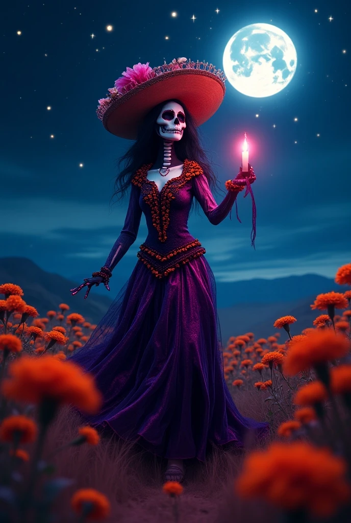  The beautiful Mexican catrina of the Day of the Dead walks with a candle in her left hand and a faint pink light in her right hand in a field of cempasúchil , at night with the starry sky and the full moon white  , her aura is blue ,  her fingerprints leave a neon pink trail her dress is made of Adelita  , Anatomically correct, The best quality, Detail,  masterpiece , 