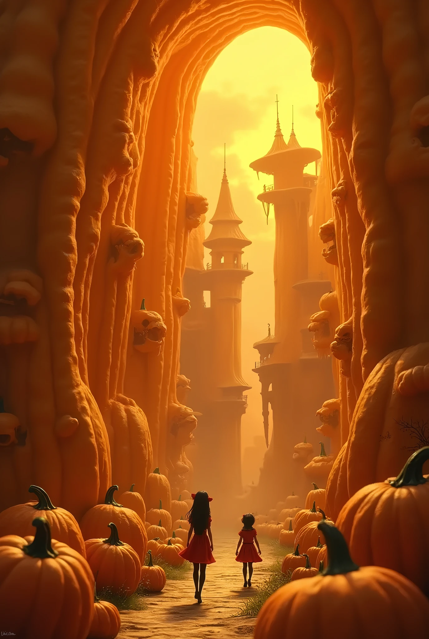 elaborate city\(made of huge pumpkin\) inside pumpkin\(Jack-o-lantern\). BREAK .In city live many girls\(cute, very small, dwarf, elf ears, elf clothes\). BREAK .normal size 1girl peeking them from above