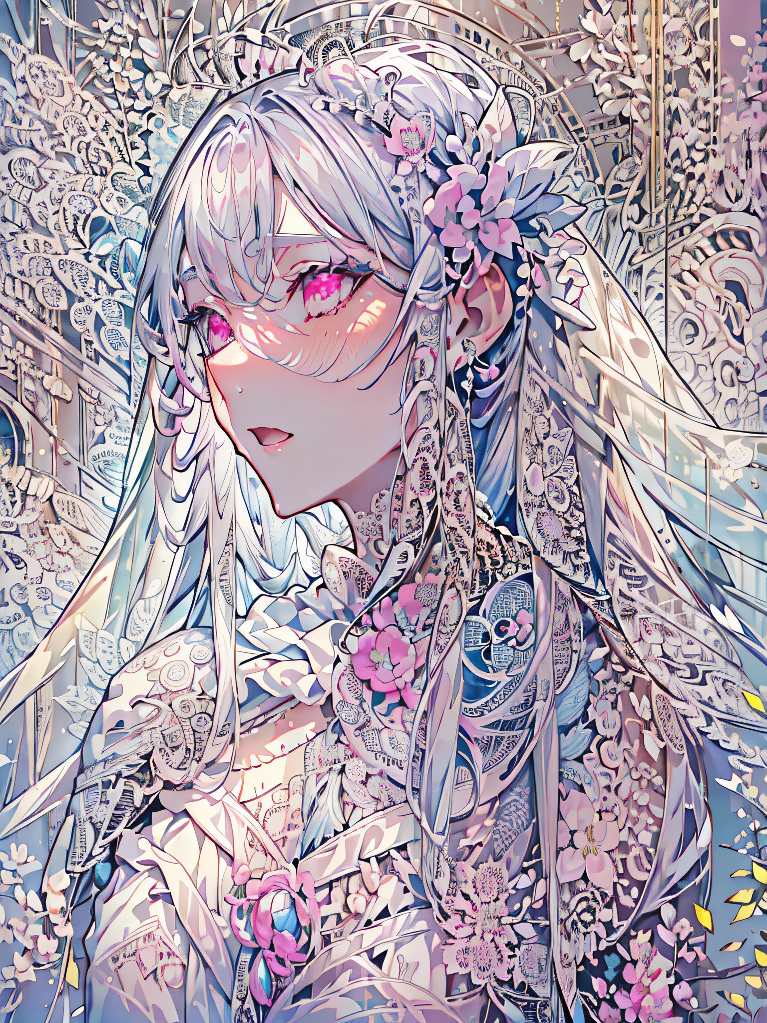 (masterpiece, insanely detailed, exquisite, beautiful, Full-HD, highres, absurdres, high quality,High resolution, 16k),(soft thin lines:1.2, Beautiful, delicate and pretty face), blushing, heavy blush,((large amount of straight hair, extremely voluminous Very Long Hair, Absolutely Long Straight Hair, white hair)),pale skin, slim, extremely gorgeous full jeweled tiara, long veil, (((white gown dress:1.1, pure white lace and frills, dress with motif of ribbons and flowers))), cleavage, pink eyes, (((full body, depicts whole body, full body portrait, whole body))), pink eyes