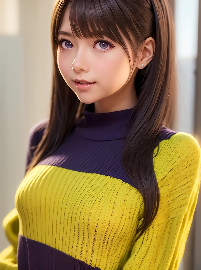   Kampala ,In 8K, best quality , Details,Semi-realistic anime,3D ANIMATION STYLE , Smooth Anime CG ,One Girl,19-year-old Japanese woman,slim,modeling,((VERY STRAIGHT HAIR )), (( TWO BLOCK FADE HAIR )), pink gloss ,   black to gold gradient hair wearing a marathi costume,(((Oversized dark-colored yarn sweater))), Detailsな顔,Beautiful and  Details,  growing skin  ,(( deep blue-purple glowing eyes)),(Small breasts),((Shut your mouth.)),(smile),、 message window 、((gem))、Avril Lavigne,