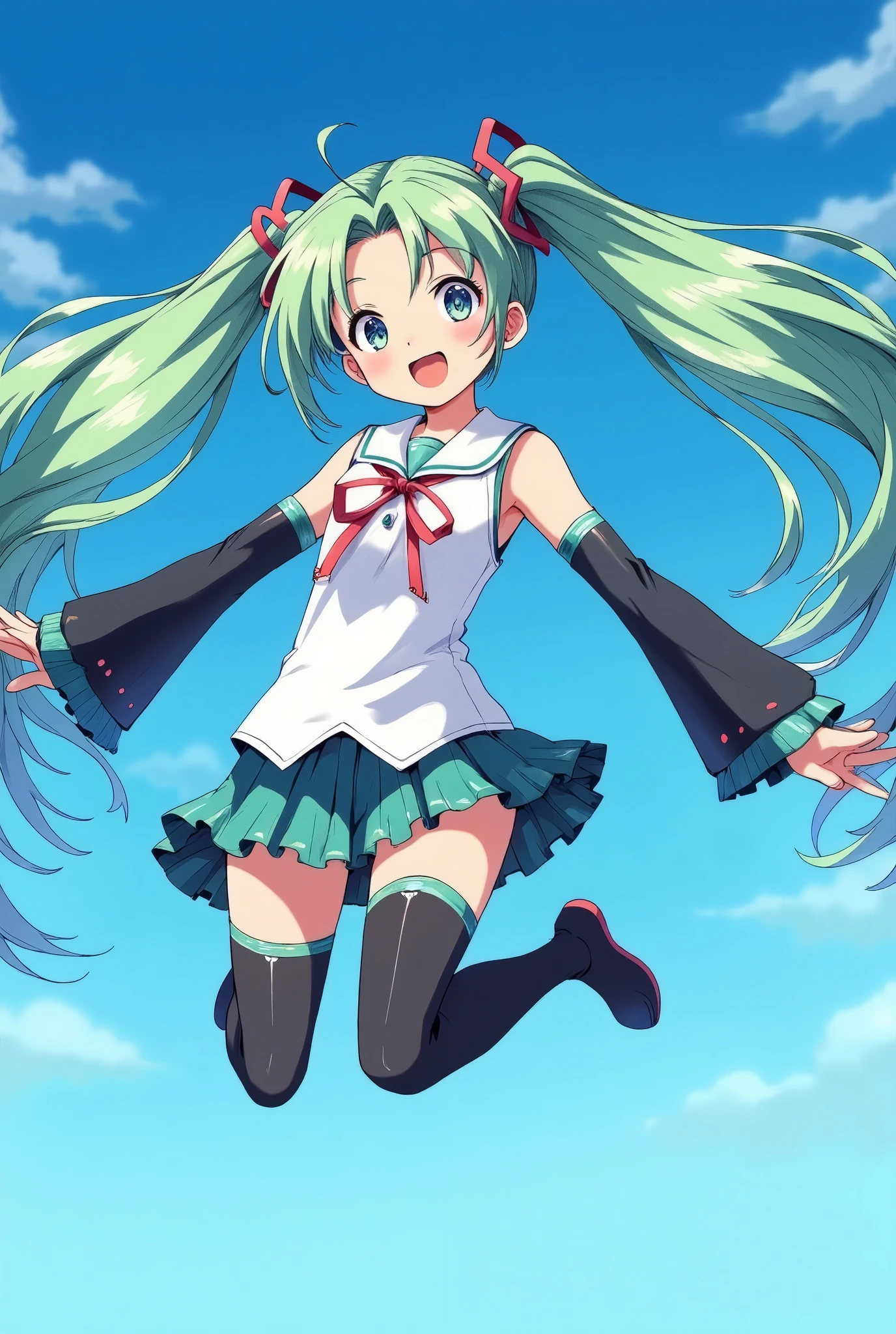 (masterpiece、Best Quality、Best Quality、Official Art、Beautiful and beautiful:1.2)、(One person:1.3) Hatsune Miku、 twin tails,Beautiful breasts,、((A cute high school student with green hair and blue eyes)), ((Jump into the air)), ((Sailor suit with ribbon)), baby face, ((masterpiece, top-quality,  ultra-fine,  Kampala)),  anime girl , (( Super detailed illustration of  :1.2)), There is only one, bangs,   hair between eyes , Beautiful Hair,  beautiful eyes, medium breasts, , Big smile, Mouth open, Blue sky background