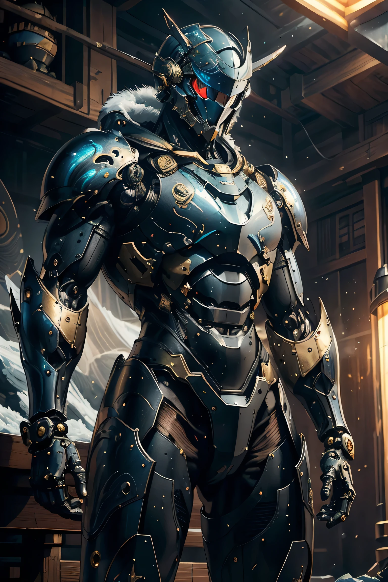 (Design of a large crescent moon on the forehead), ((heavy duty iron plate armor)), (metallic: 1.5, black suit: 1.5, Machine parts are visible under the suit), (Japanese hero, whole body), (mech bodysuit with swords: 1.5), ((Swirling Cold Air : 1.5)), cyberpunk city, My eyes are shining brightly, Suit parts are large , Lots of LEDs, ( helmet with sharp antennas), Unreal Engine 5, High image quality,  best quality ,  Kampala, Super detailed, Fine painting,  extremely delicate , professional,  anatomically accurate , creativity, RAW Photos, 超 Kampala, 32K, Natural Light, Cinema Lighting, masterpiece-anatomy-perfect, masterpiece:1.5, ( portrait), (action pose), ((was a mecha))