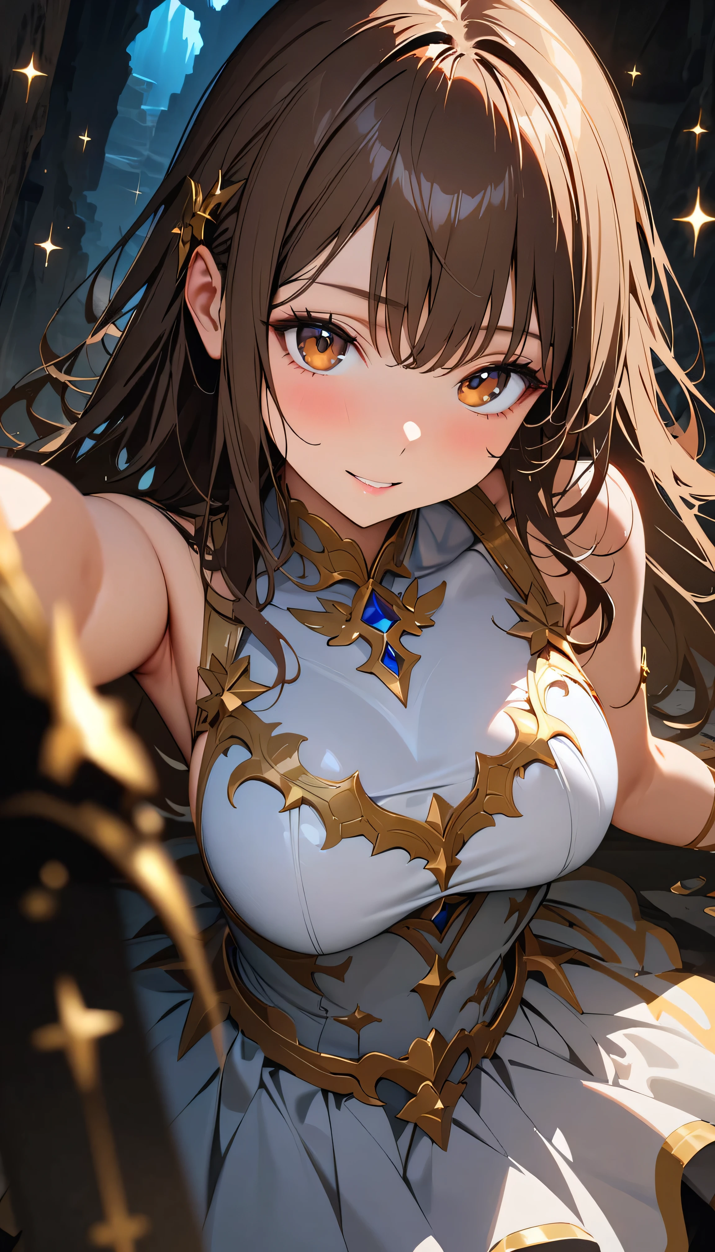 (Best Quality:1.2,  very detailed, up to date, Vibrant, masterpiece:1.2, Best Quality, Best aesthetics), ((Front close-up shot:1.4)), 8K Ultra HD, Background Blur, One Woman, 8k,  very detailed, Beautiful Goddess, Backlight,  Brown Eyes , (Best Shadow), Absurd, (abyss), Beautiful sparkle, Mystical place,  Fantasy , Another world, In the Dark, Reflection of light, Dynamic Angle, dress, Brown Hair,  dynamic pose