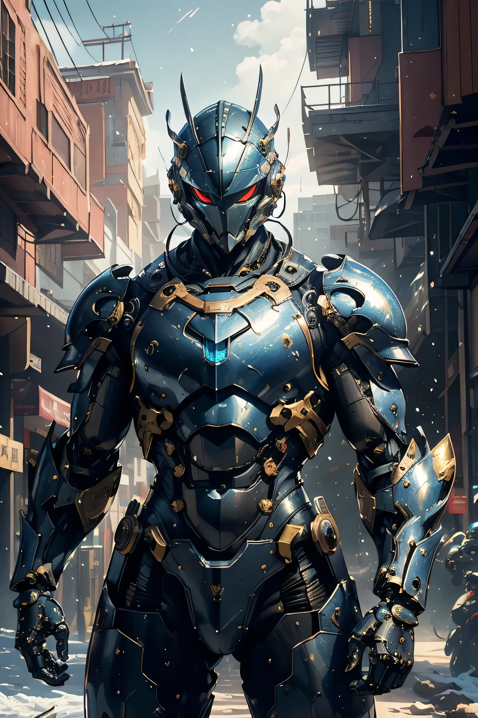 (Design of a large crescent moon on the forehead), ((heavy duty iron plate armor)), (metallic: 1.5, black suit: 1.5, Machine parts are visible under the suit), (Japanese hero, whole body), (mech bodysuit with swords: 1.5), ((Swirling Cold Air : 1.5)), cyberpunk city, My eyes are shining brightly, Suit parts are large , Lots of LEDs, ( helmet with sharp antennas), Unreal Engine 5, High image quality,  best quality ,  Kampala, Super detailed, Fine painting,  extremely delicate , professional,  anatomically accurate , creativity, RAW Photos, 超 Kampala, 32K, Natural Light, Cinema Lighting, masterpiece-anatomy-perfect, masterpiece:1.5, ( portrait), (action pose), ((was a mecha))