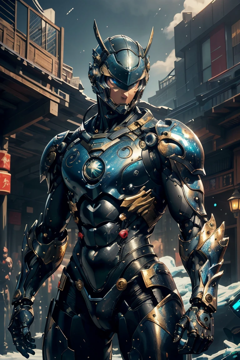 (( Large Crescent Moon Design on Forehead )), ((Sturdy Steel Armor )), (metallic: 1.5, black suit: 1.5, Machine parts are visible under the suit), (Japanese hero, whole body), (mech bodysuit with swords: 1.5), ((Swirling Cold Air : 1.5)), cyberpunk city, My eyes are shining brightly, Suit parts are large , Lots of LEDs, ( helmet with sharp antennas), Unreal Engine 5, High image quality,  best quality ,  Kampala, Super detailed, Fine painting,  extremely delicate , professional,  anatomically accurate , creativity, RAW Photos, 超 Kampala, 32K, Natural Light, Cinema Lighting, masterpiece-anatomy-perfect, masterpiece:1.5, ( portrait), (action pose), ((was a mecha)), whole bodyにちりばめられたファー