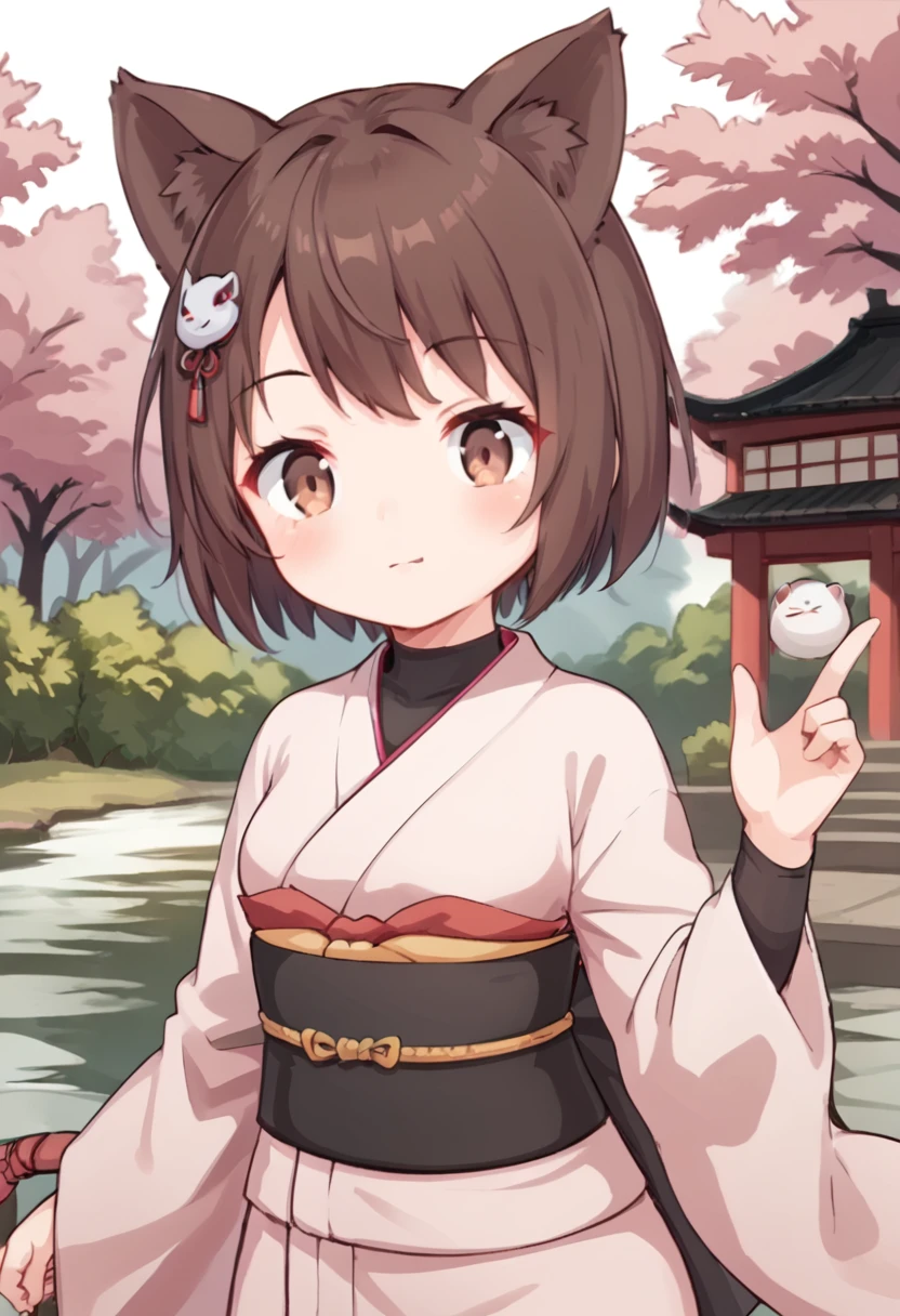 1girl, animal ears, brown hair, hair ornament, japanese clothes, kimono, short hair, ninja