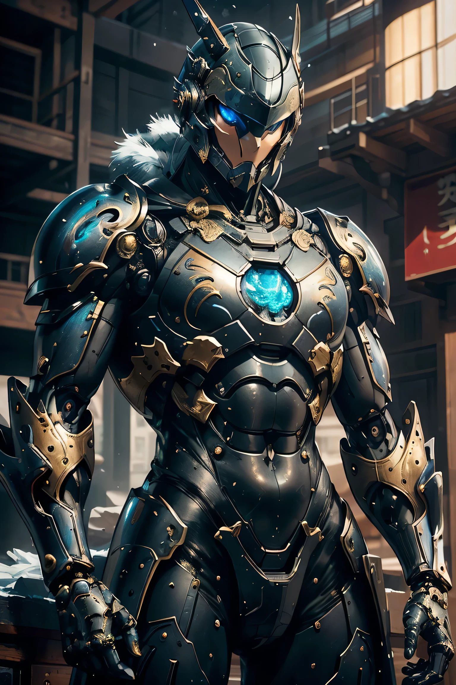 (( Large Crescent Moon Design on Forehead )), ((Sturdy Steel Armor )), (metallic: 1.5, black suit: 1.5, Machine parts are visible under the suit), (Japanese hero, whole body), (mech bodysuit with swords: 1.5), ((Swirling Cold Air : 1.5)), cyberpunk city, My eyes are shining brightly, Suit parts are large , Lots of LEDs, ( helmet with sharp antennas), Unreal Engine 5, High image quality,  best quality ,  Kampala, Super detailed, Fine painting,  extremely delicate , professional,  anatomically accurate , creativity, RAW Photos, 超 Kampala, 32K, Natural Light, Cinema Lighting, masterpiece-anatomy-perfect, masterpiece:1.5, ( portrait), (action pose), ((was a mecha)), whole bodyにちりばめられたファー