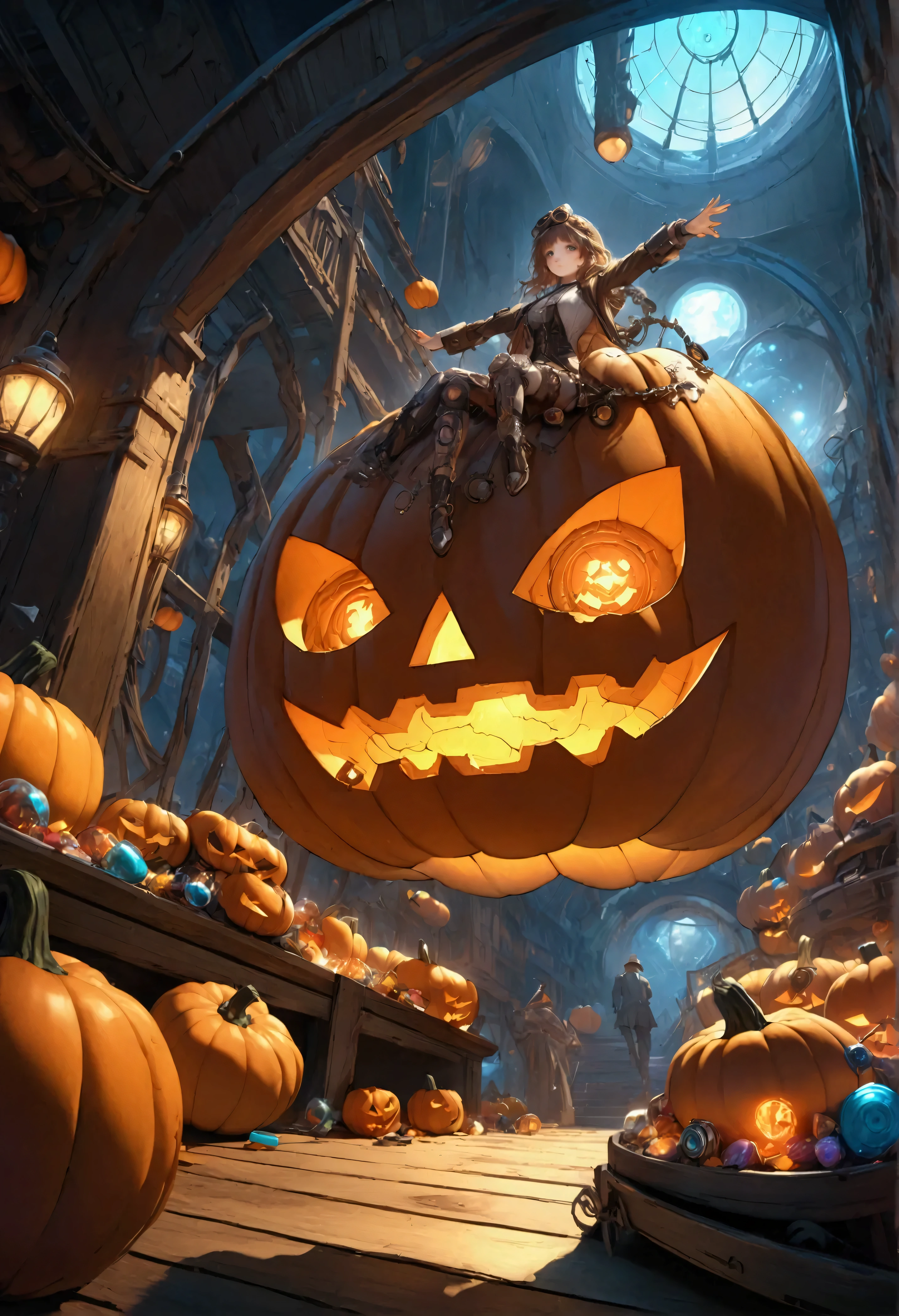 Piles of pumpkins\(machine-made, mechanical, jack-o-lanterns\).Steampunk, light-emitting diodes, futuristic, cool style. BREAK  floor covered with many candy\(futuristic, glowing\)\), BREAK ,quality\(8k,wallpaper of extremely detailed CG unit, high resolution, top-quality, top-quality real texture skin, hyper realistic, increase the resolution, RAW photos, best quality, highly detailed, the wallpaper,golden ratio,high saturation realism, vibrant colors, dramatic lighting, persuasive storytelling, atmospheric scenery, captivating visuals, intricate details, strong emotions,dreamlike world\),dynamic camera angle,from below