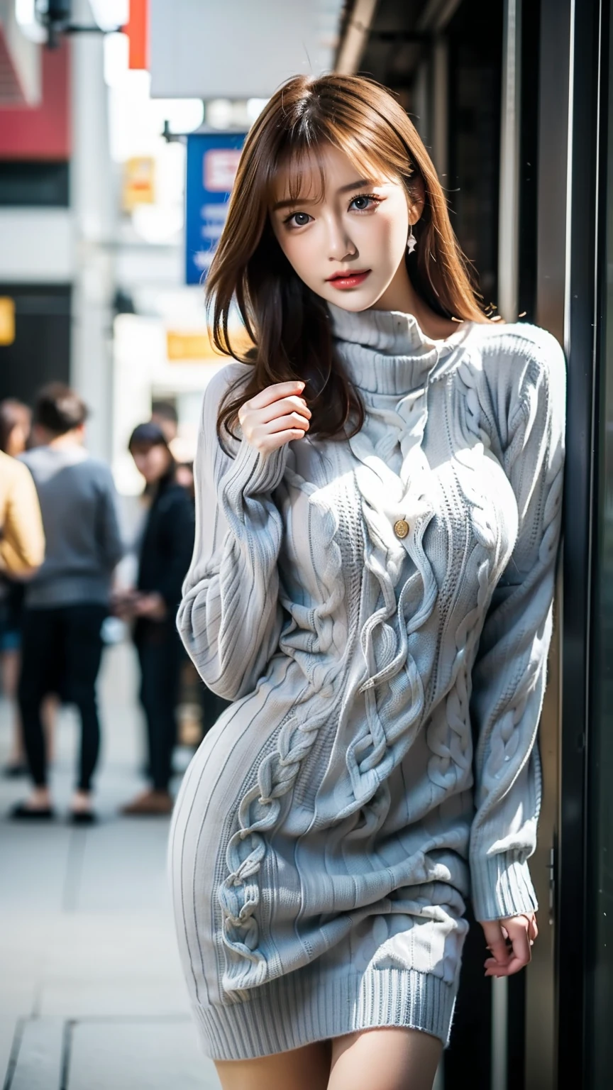 ( familiar , masterpiece, Best Quality, Complex),
cowboy shot , (Mega Big :1.3),
Lean forward to accentuate the chest,))),
1 girl, Alone,
Cute eyes, Beautiful Face, Perfect round ass,
Fit and Body, Female pervert,
Alone, Pale skin,
blue eyes , (( Beautiful Mature Woman)),
(Grey tight long sweater dress:1.5),
City Snapshots、fashion magazine style、 street fashion magazine、Full body view、Accessory Model Standing )、 stylish、Genuine、(Sleepy:1.5, Seductively look here、Condescending face、)
