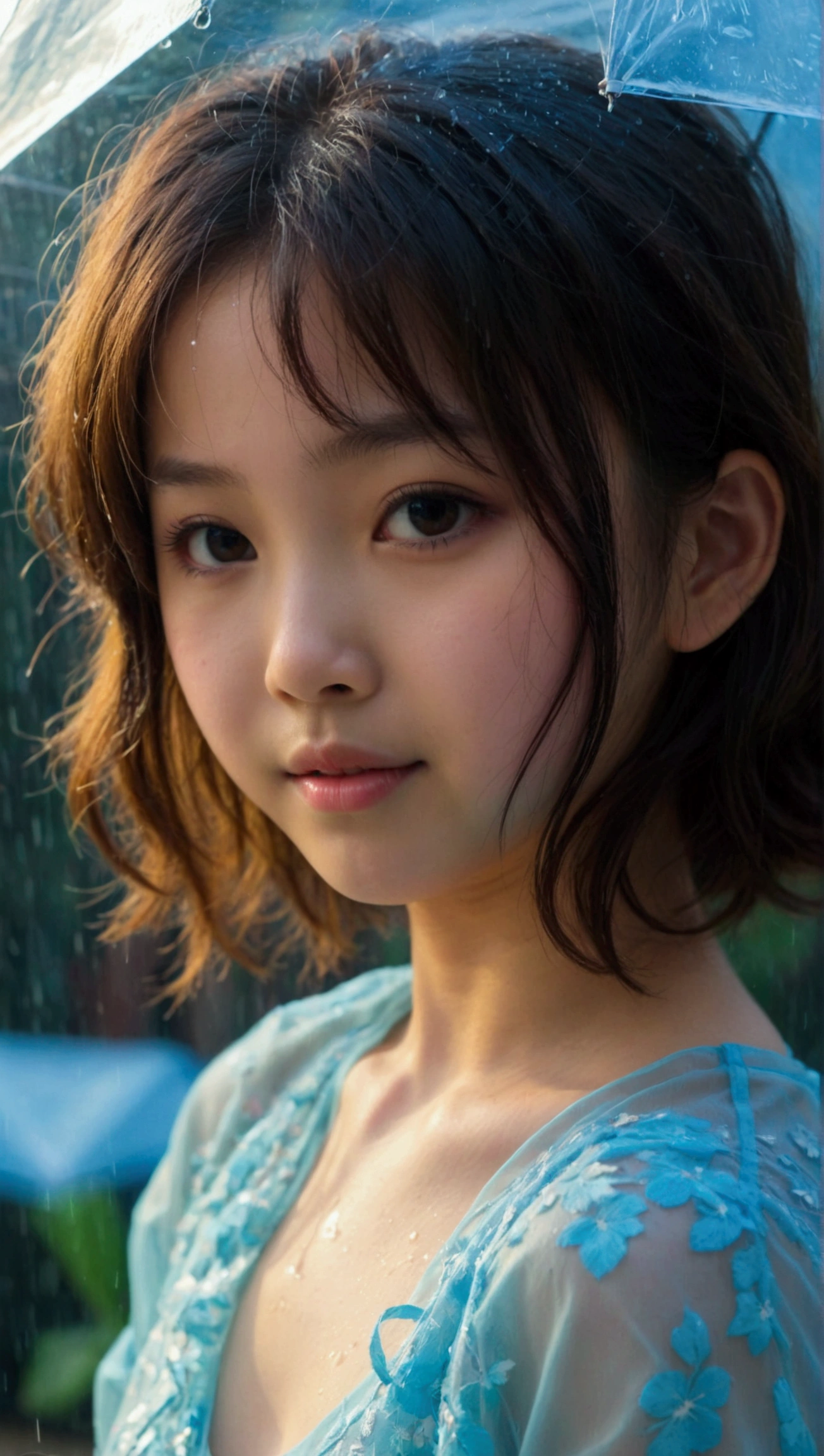 Prettiest asian girl, the cutest girl, sweet girl on the schoolyard on the rain, age 7 with small-budding breast, wear light-blue sheer fabric shirt that show off her beautiful body, sheer fabric, translucent clothes, relaxing, pale skin, juveniles physique, charming adolescents girl,  full-body, from the front, showing her belly