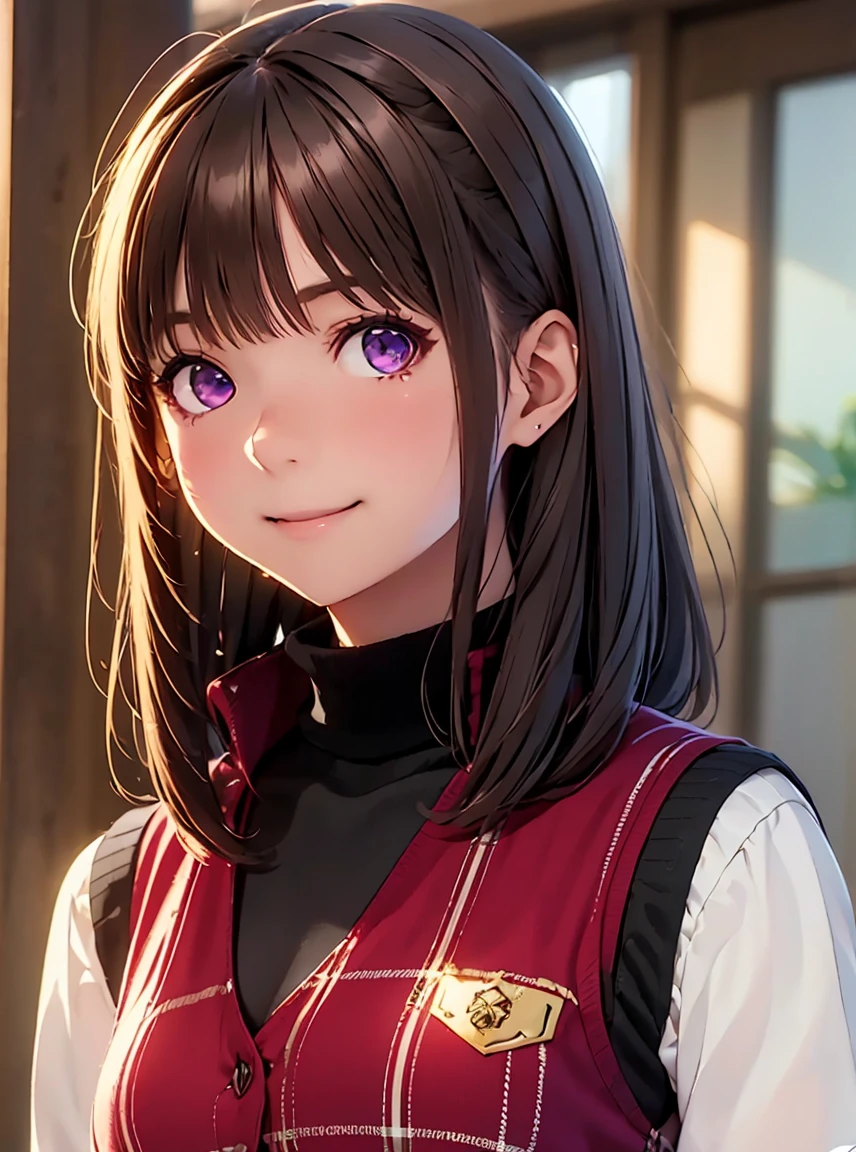   Kampala ,In 8K, best quality , Details,Semi-realistic anime,3D ANIMATION STYLE , Smooth Anime CG ,One Girl,19-year-old Japanese woman,slim,modeling,((VERY STRAIGHT HAIR )), (( TWO BLOCK FADE HAIR )), pink gloss ,   Black to Gold Gradient Hair,((Tartan Check Vest )),((White turtleneck)), Detailsな顔,Beautiful and  Details,  growing skin  ,(( deep blue-purple glowing eyes)),(Small breasts),((Shut your mouth.)),(smile),Avril Lavigne,