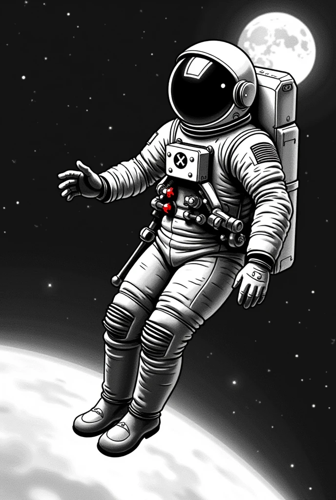 Create a tattoo-style illustration of an astronaut in a sleek black and white spacesuit, focusing intently on the astronaut as the central figure. The astronaut is depicted floating upward against a backdrop of deep space, with the moon positioned majestically in the background. The space environment is rendered in a matte finish, enhancing the contrast between the astronaut and the cosmos.

Incorporate epic elements in grayscale, highlighting the intricate details of the astronaut's suit and the texture of the moon. The overall composition should capture a sense of wonder and adventure, with a design that reflects the bold lines and shading typical of tattoo art, emphasizing the themes of exploration and the vastness of space.