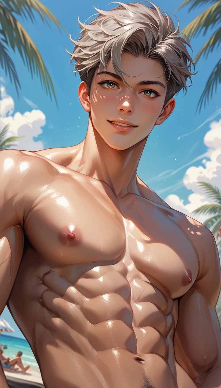 smiling blond boy, high quality, (american 50 y/o man ), (detailed eyes), (grey short hair), (abs), naked, (dark shiny skin), (detailed puffy nipples), looking at viewer, (upper half of the body), (grey body hair)