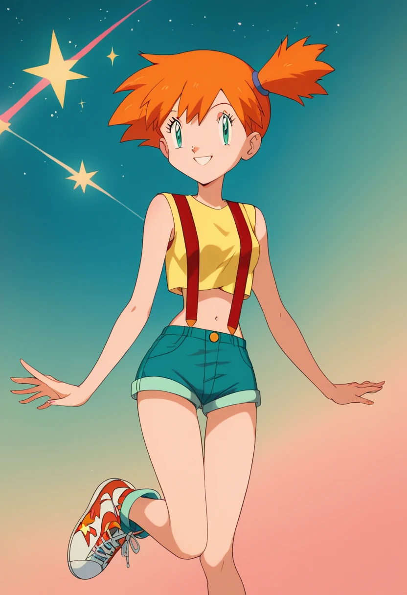  (total body), 1girl, 1solo, misty_pokemon (Berry Short, Orange Hair, one side up hair, aqua eyes, Small breasts, Skinny) (yellow sleeveless T-shirt,Belly button exposed, short pants,Red suspenders,sneakers), readiant smile, star , magical girl, magic moment, shooting star, smile, fashion, colorful background, beautiful Misty 