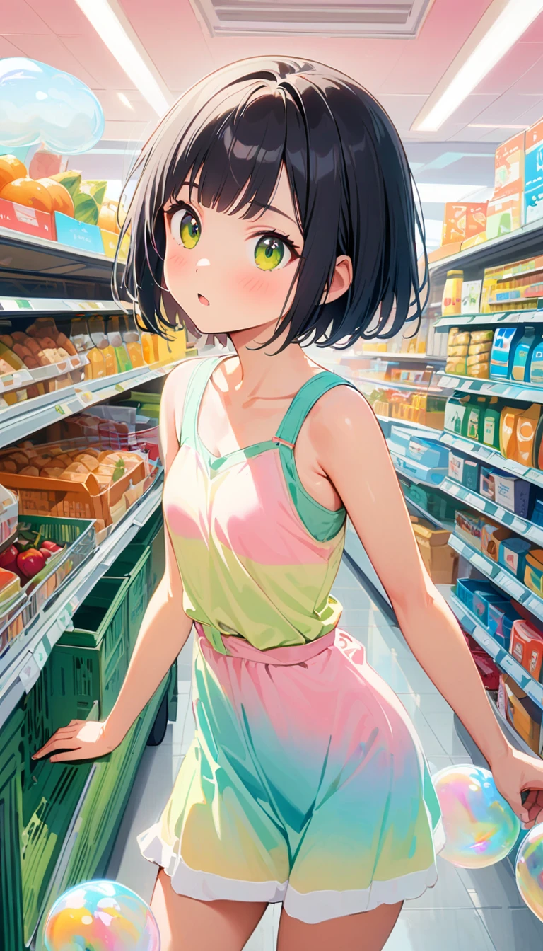  best quality , Supermarket, 8k,  unbelievably absurd ,  very detailed , 2.5D, Beautiful Goddess,  Soap bubbles , Pastel colored clouds, Sunshine,  pop art, Delicate and dynamic,  pastel fantasy ,  Black Hair ,  bob cut, Very young, Small breasts, Official Art