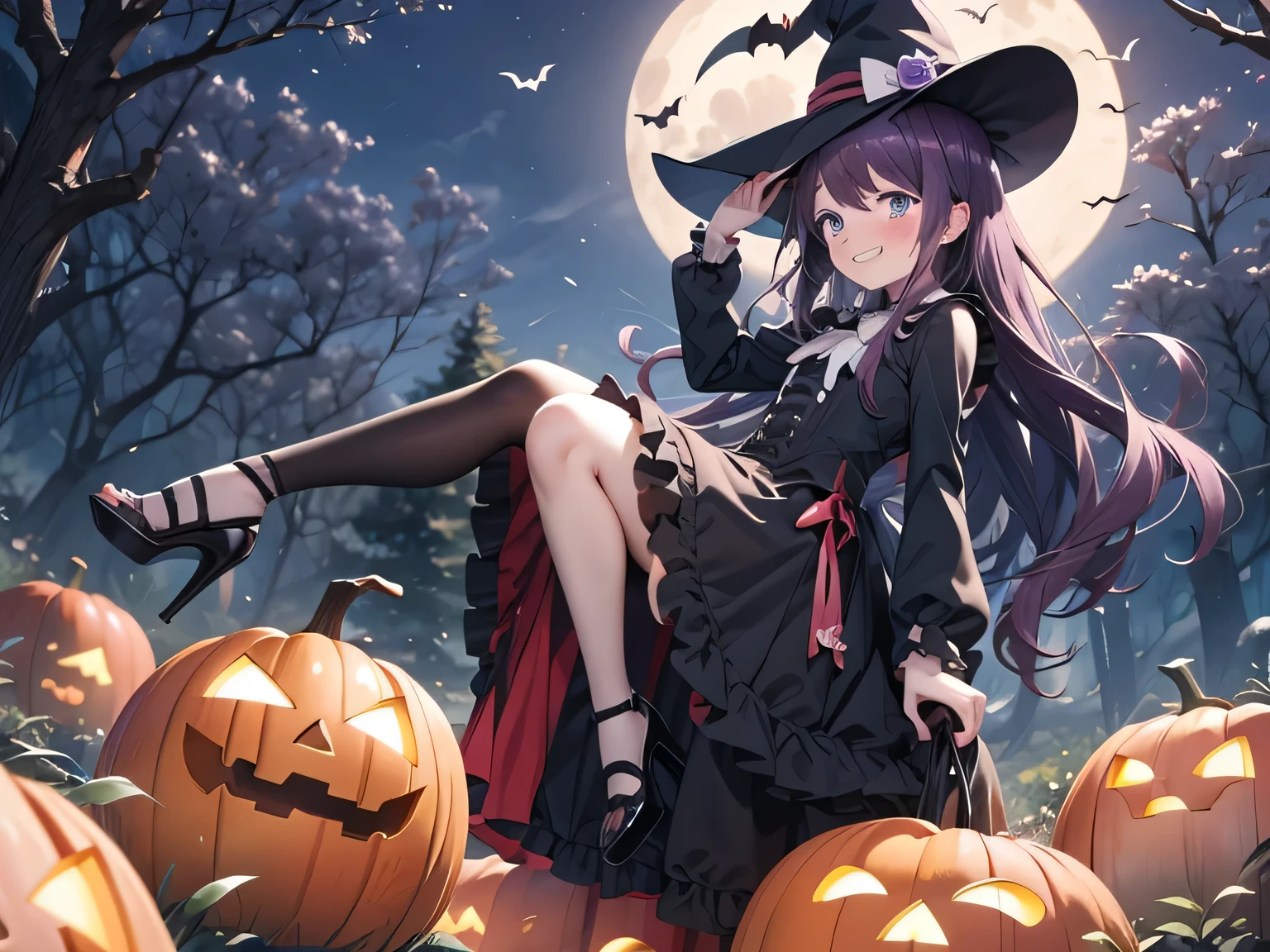 masterpieces, sharp focus, top quality, perfect body, perfect anatomy, perfect lighting, wide shot, 1girl, kubo nagisa, solo, purple hair, long hair, purple eyes, (bangs), (((blush))), laughing, , upper-body, grin. Stretch legs out to the side
A beautiful black gothic ta dress. A witch's hat. High heels. A spotlight on her face. In the deep forest. Night. Dim. Pumpkin ghost, ghost, bat, owl, moon.