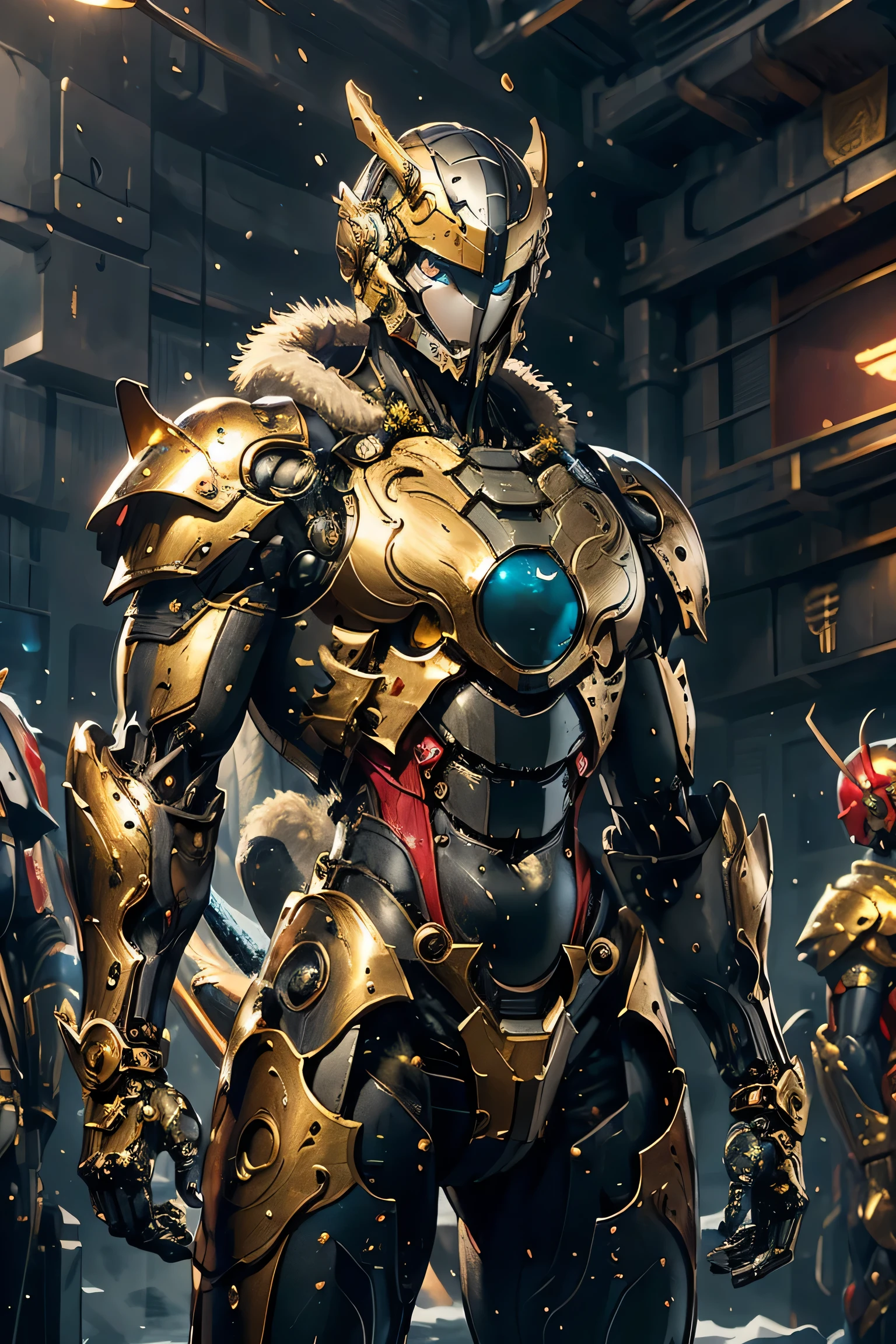 (( with large gold crescent moon symbol on forehead)), ((Sturdy Steel Armor )), (metallic: 1.5, red and yellow suit: 1.5, Machine parts are visible under the suit), (Japanese hero, whole body), (mech bodysuit with swords: 1.5), ((Swirling Cold Air : 1.5)), cyberpunk city, My eyes are shining brightly, Suit parts are large , Lots of LEDs, ( helmet with sharp antennas), Unreal Engine 5, High image quality,  best quality ,  Kampala, Super detailed, Fine painting,  extremely delicate , professional,  anatomically accurate , creativity, RAW Photos, 超 Kampala, 32K, Natural Light, Cinema Lighting, masterpiece-anatomy-perfect, masterpiece:1.5, ( portrait), (action pose), ((was a mecha)), (fur collar ), (Machine Face)