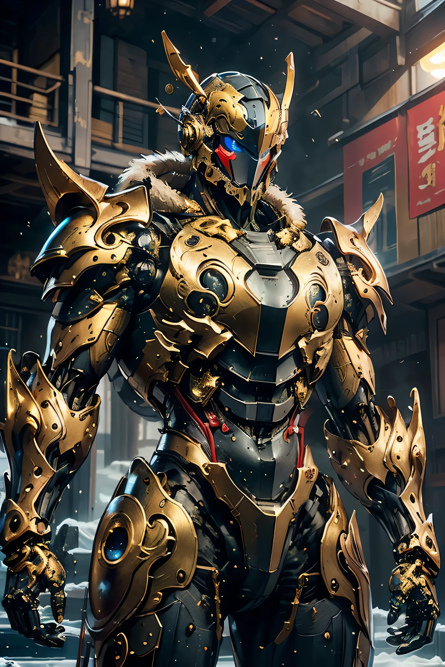 (( with large gold crescent moon symbol on forehead)), ((Sturdy Steel Armor )), (metallic: 1.5, red and yellow suit: 1.5, Machine parts are visible under the suit), (Japanese hero, whole body), (mech bodysuit with swords: 1.5), ((Swirling Cold Air : 1.5)), cyberpunk city, My eyes are shining brightly, Suit parts are large , Lots of LEDs, ( helmet with sharp antennas), Unreal Engine 5, High image quality,  best quality ,  Kampala, Super detailed, Fine painting,  extremely delicate , professional,  anatomically accurate , creativity, RAW Photos, 超 Kampala, 32K, Natural Light, Cinema Lighting, masterpiece-anatomy-perfect, masterpiece:1.5, ( portrait), (action pose), ((was a mecha)), (fur collar ), (Machine Face)