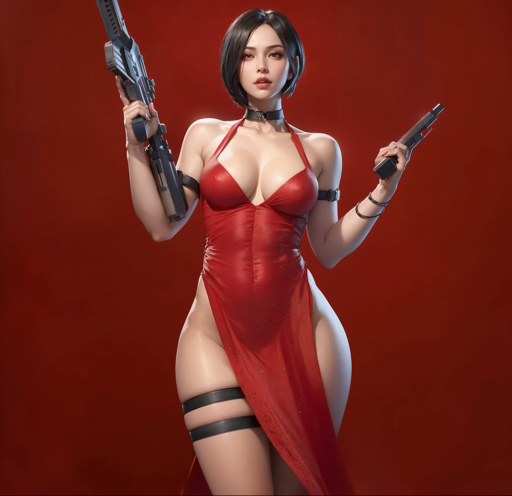 a beautiful woman in a red dress, ada wong, detailed facial features, beautiful eyes, lips, and skin, long flowing hair, standing in a dark alleyway at night, city lights in the background, dramatic lighting, cinematic atmosphere, realistic, photorealistic, 8k, high quality, masterpiece