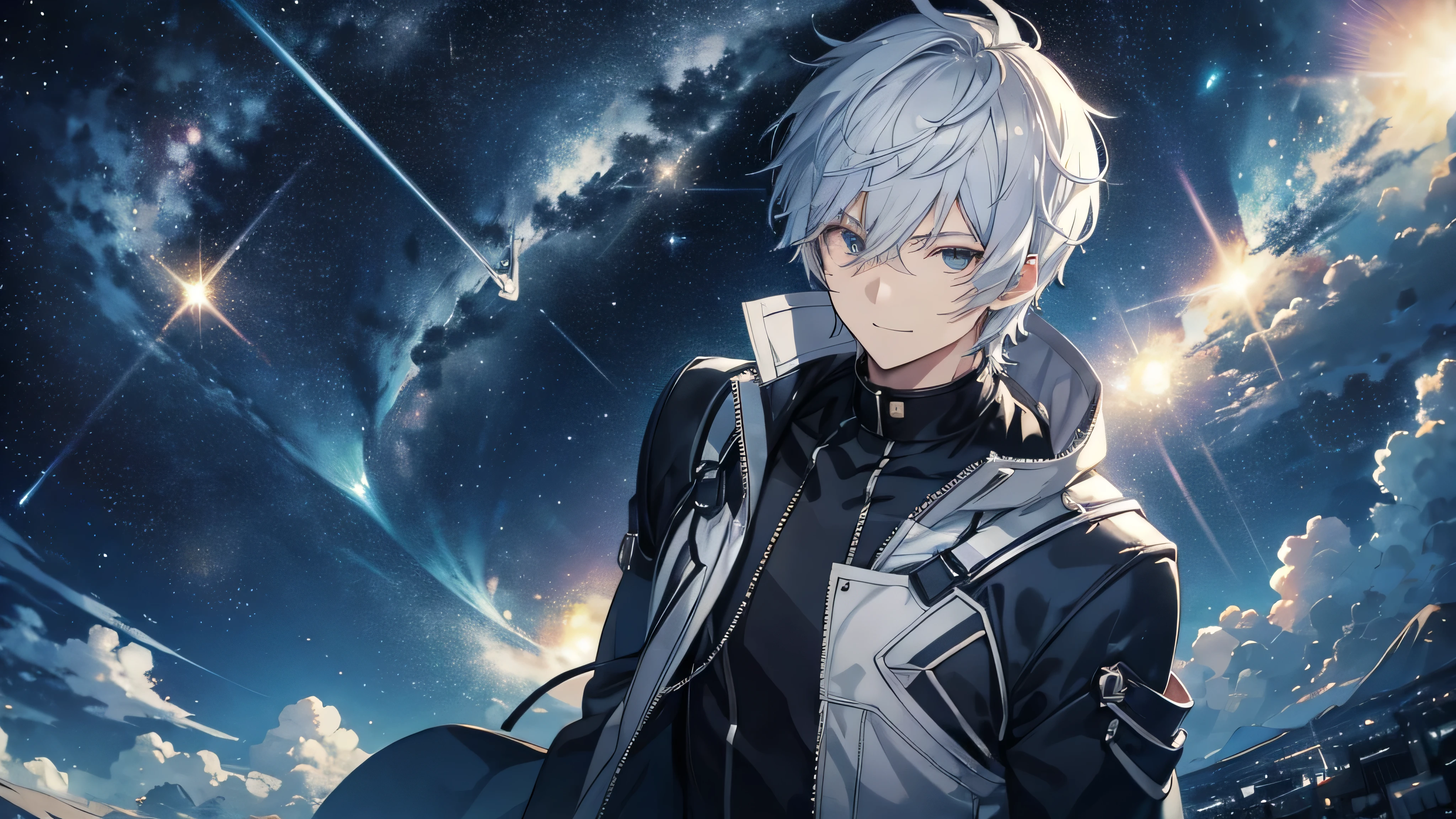 Cool Anime Man with Silver Hair、Short Hair, dynamic 、solo,(The best smile、Angle from above , Starry Night)The best smile、