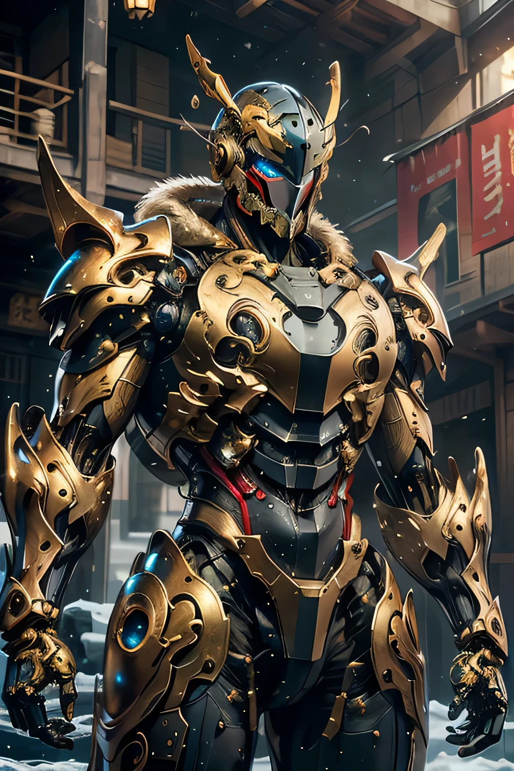 (( with large gold crescent moon symbol on forehead)), ((Sturdy Steel Armor )), (metallic: 1.5, red and yellow suit: 1.5, Machine parts are visible under the suit), (Japanese hero, whole body), (mech bodysuit with swords: 1.5), ((Swirling Cold Air : 1.5)), cyberpunk city, My eyes are shining brightly, Suit parts are large , Lots of LEDs, ( helmet with sharp antennas), Unreal Engine 5, High image quality,  best quality ,  Kampala, Super detailed, Fine painting,  extremely delicate , professional,  anatomically accurate , creativity, RAW Photos, 超 Kampala, 32K, Natural Light, Cinema Lighting, masterpiece-anatomy-perfect, masterpiece:1.5, ( portrait), (action pose), ((was a mecha)), (fur collar ), (Machine Face)