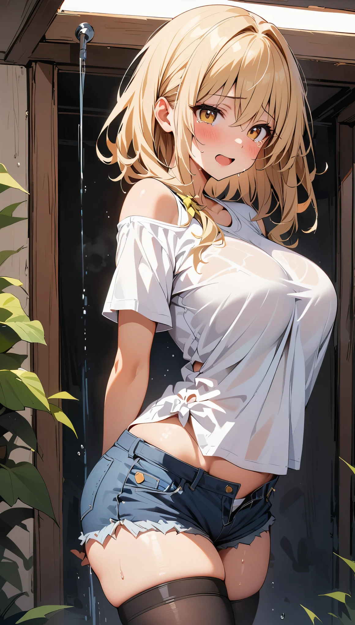 ((extreme detail)),(ultra-detailed), extremely detailed CG unity 8k wallpaper, best quality, 1girl, wecl, tied shirt, ((open fly)), denim shorts, see-through, bra visible through clothes,choker, midriff, wet, wet hair,<lora:wet clothes:0.7>groin,  cowboy shot, blonde,