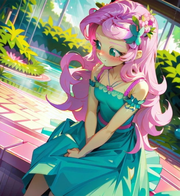 Fluttershy, fluttershy from my little pony, fluttershy in the form of a girl, lush breast, pink long wavy hair, soft smile, flowers, butterflies, (top quality, masterpiece, ultra-realistic), rainy day, raining, indoor botanical garden, dome, lots of flowers, dense mass plants, the background landscape is a garden with petals, Dahlia peony flowers everywhere, turquoise eyes, turquoise eyeshadow, green dress, butterfly hair clip, detailed lighting, sunlight, yellow pure light, sitting, heavenly plants, hanging flower pots, pink and green flowers everywhere, flower crown