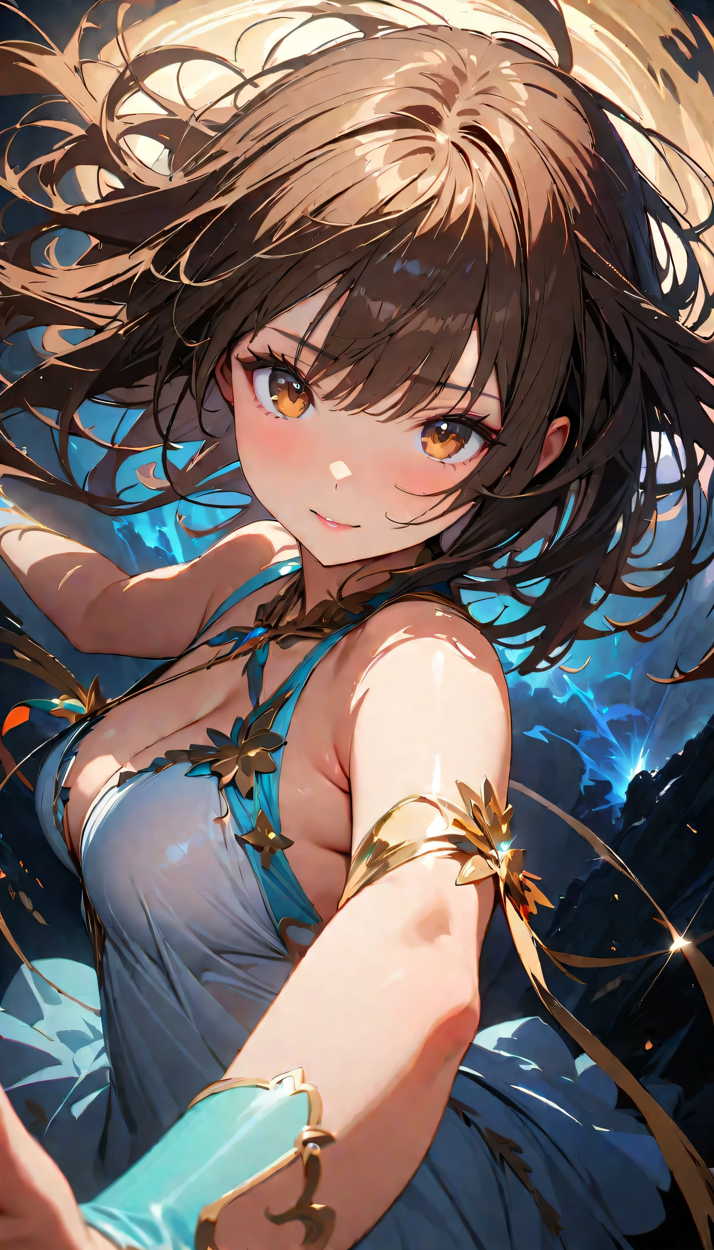 (Best Quality:1.2,  very detailed, up to date, Vibrant, masterpiece:1.2, Best Quality, Best aesthetics), ((Front close-up shot:1.4)), 8K Ultra HD, Background Blur, One Woman, 8k,  very detailed, Beautiful Goddess, Backlight,  Brown Eyes , (Best Shadow),  absurd, (abyss), Beautiful sparkle, Mystical place,  Fantasy , Another world, In the Dark, Reflection of light, Dynamic Angle, dress, Brown Hair,  dynamic pose