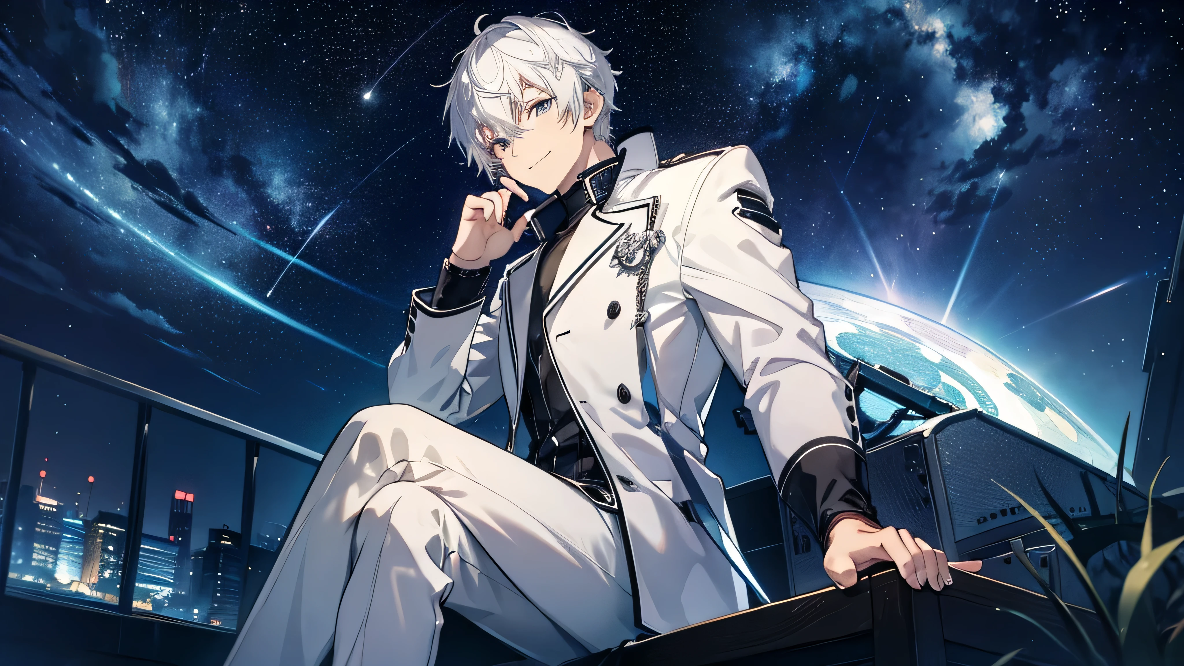 Cool Anime Man with Silver Hair、Short Hair, dynamic 、Bust Up,solo,(The best smile、Sitting,, Starry Night)The best smile、