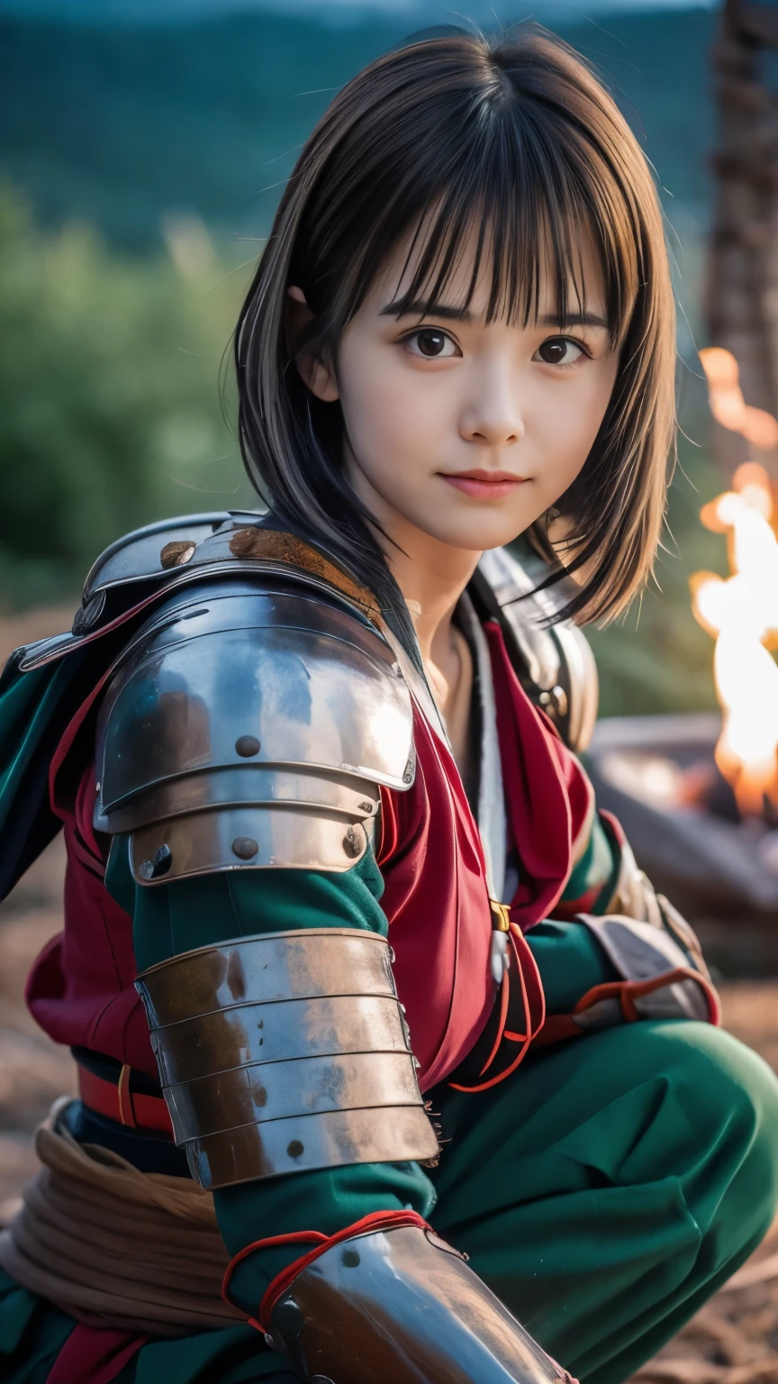 (Close up portrait of one slender small breast round face brown short hair with bangs girl in a green colored dirty armor warrior as samurai in Japan :1.5)、(One girl take a rest near the bonfire on the wilderness land in old Japan with dirty little smile:1.5)、(Dark midnight:1.5)、(blurred background:1.5)、(Natural light:1.5)、(8k ultra detailed master piece:1.5)、(perfect anatomy:1.5)、(Photorealistic stick:1.5)、(Raw photo:1.3)、(highest quality:1.5)、(High resolution:1.3)、(Delicate and beautiful perfect face:1.3)、(Delicate and beautiful eye air skin:1.3)、(Real Human Skin:1.3)、((thin legs))